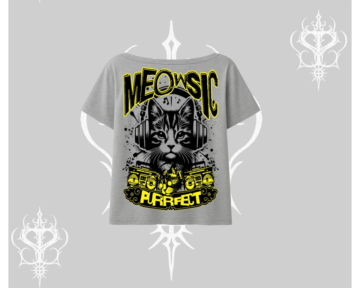 Meowsic Purrfect Kedi Arka Baskılı Kayık Yaka Tshirt
