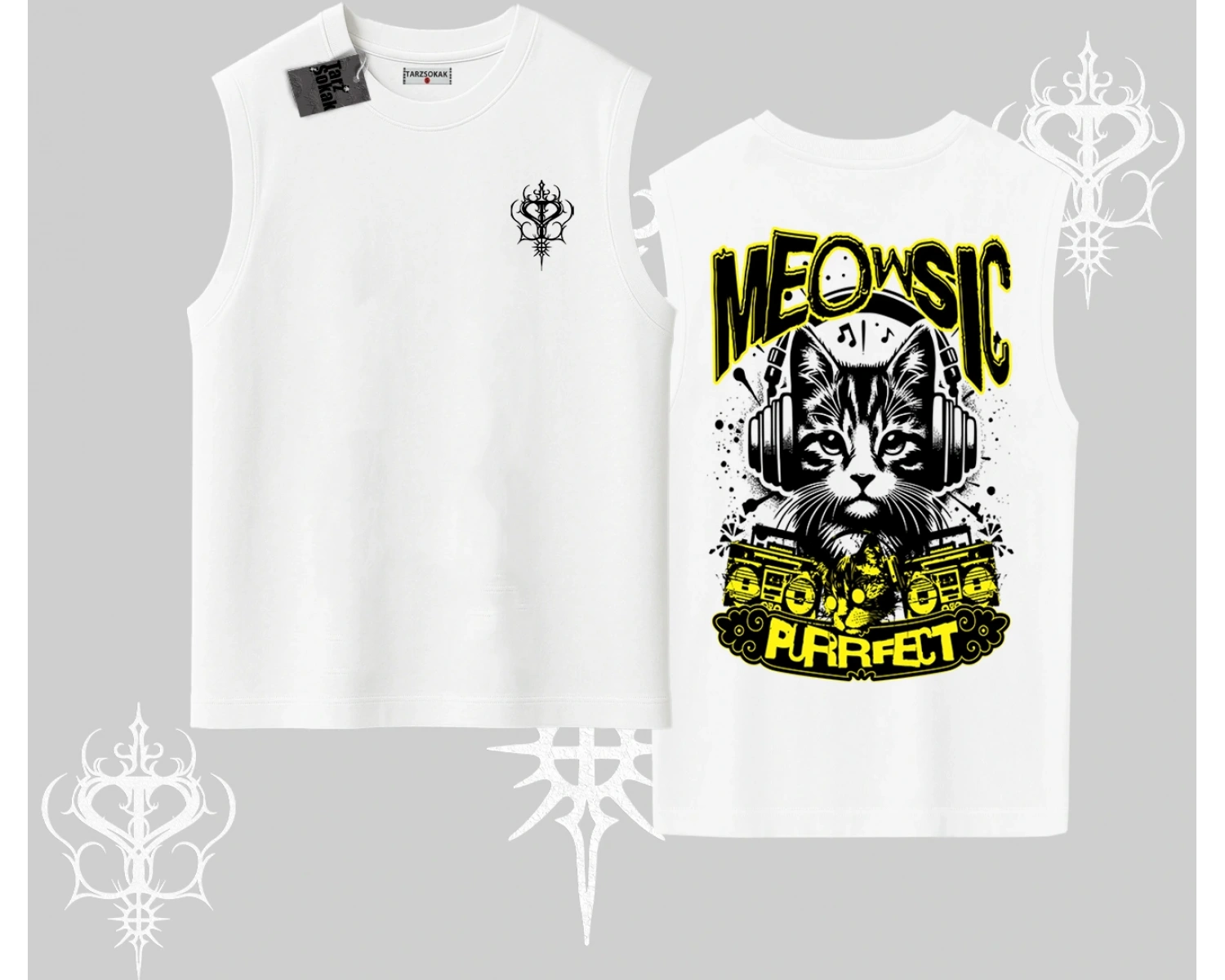 Meowsic Purrfect Kedi Arka Baskılı Kolsuz Tshirt