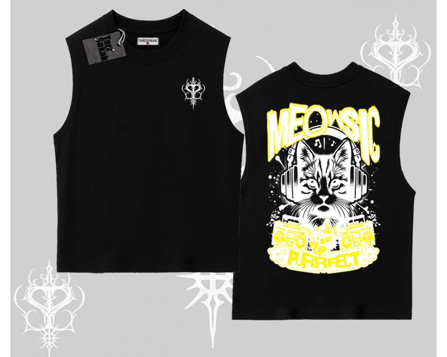 Meowsic Purrfect Kedi Arka Baskılı Kolsuz Tshirt