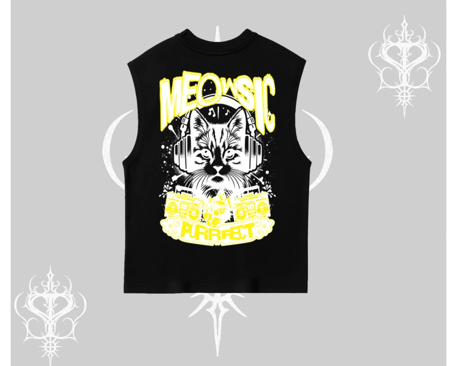 Meowsic Purrfect Kedi Arka Baskılı Kolsuz Tshirt