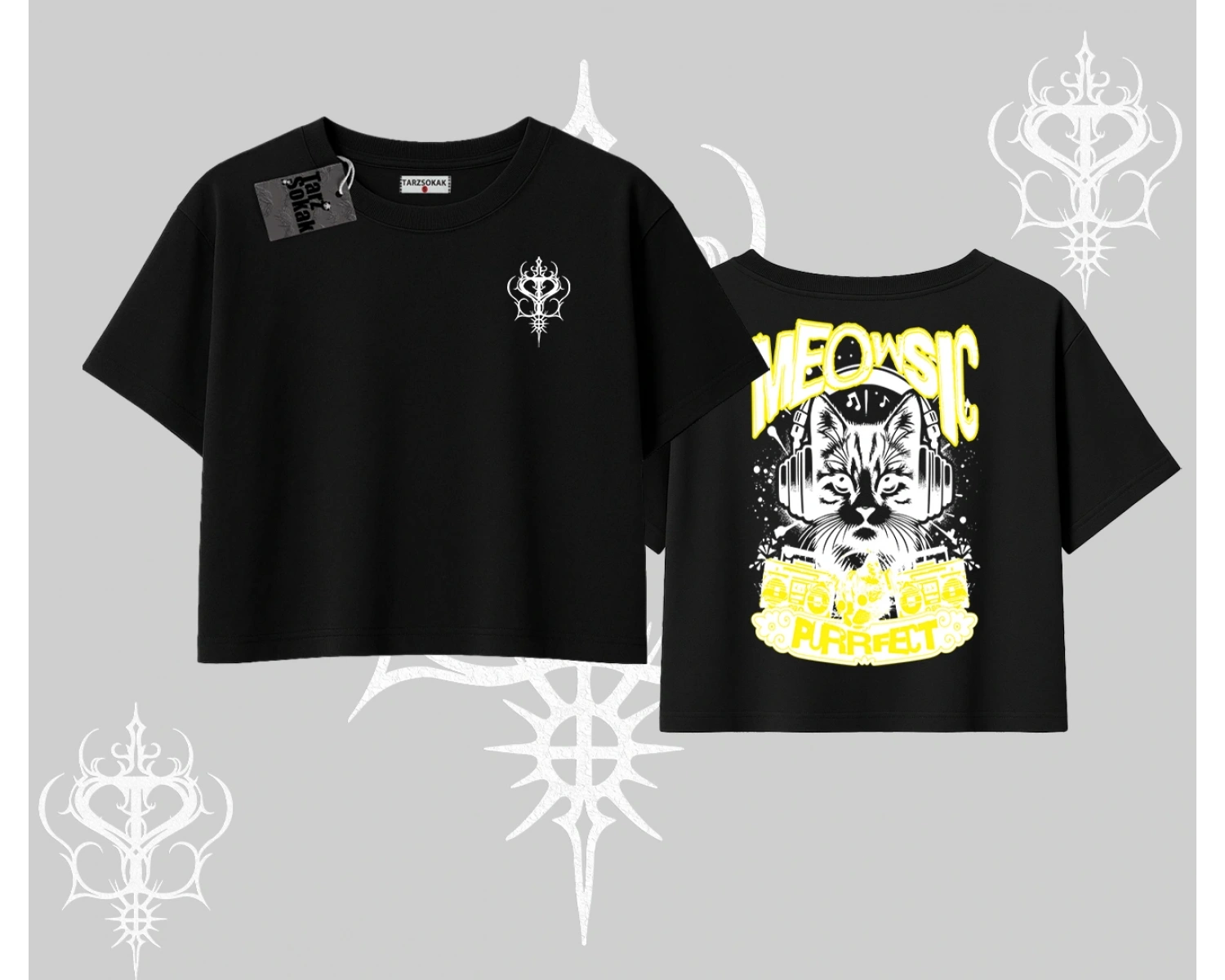 Meowsic Purrfect Kedi Arka Baskılı Oversize Crop Tshirt