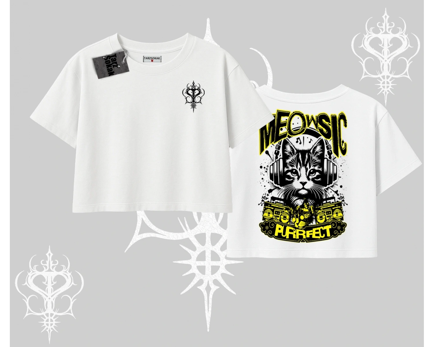 Meowsic Purrfect Kedi Arka Baskılı Oversize Crop Tshirt