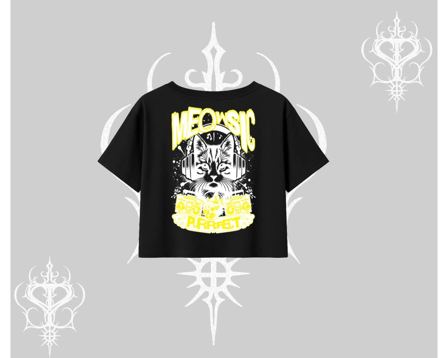 Meowsic Purrfect Kedi Arka Baskılı Oversize Crop Tshirt