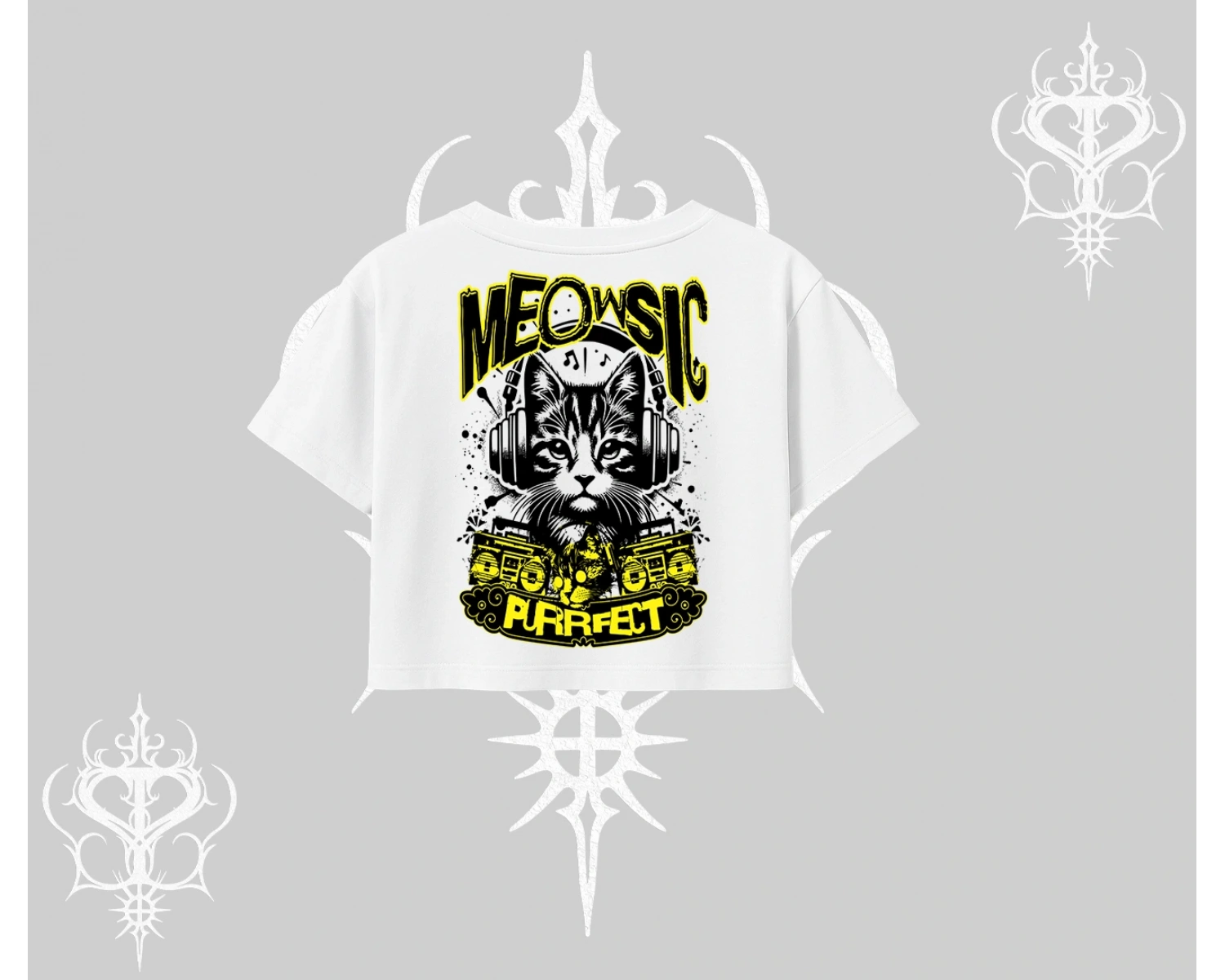 Meowsic Purrfect Kedi Arka Baskılı Oversize Crop Tshirt