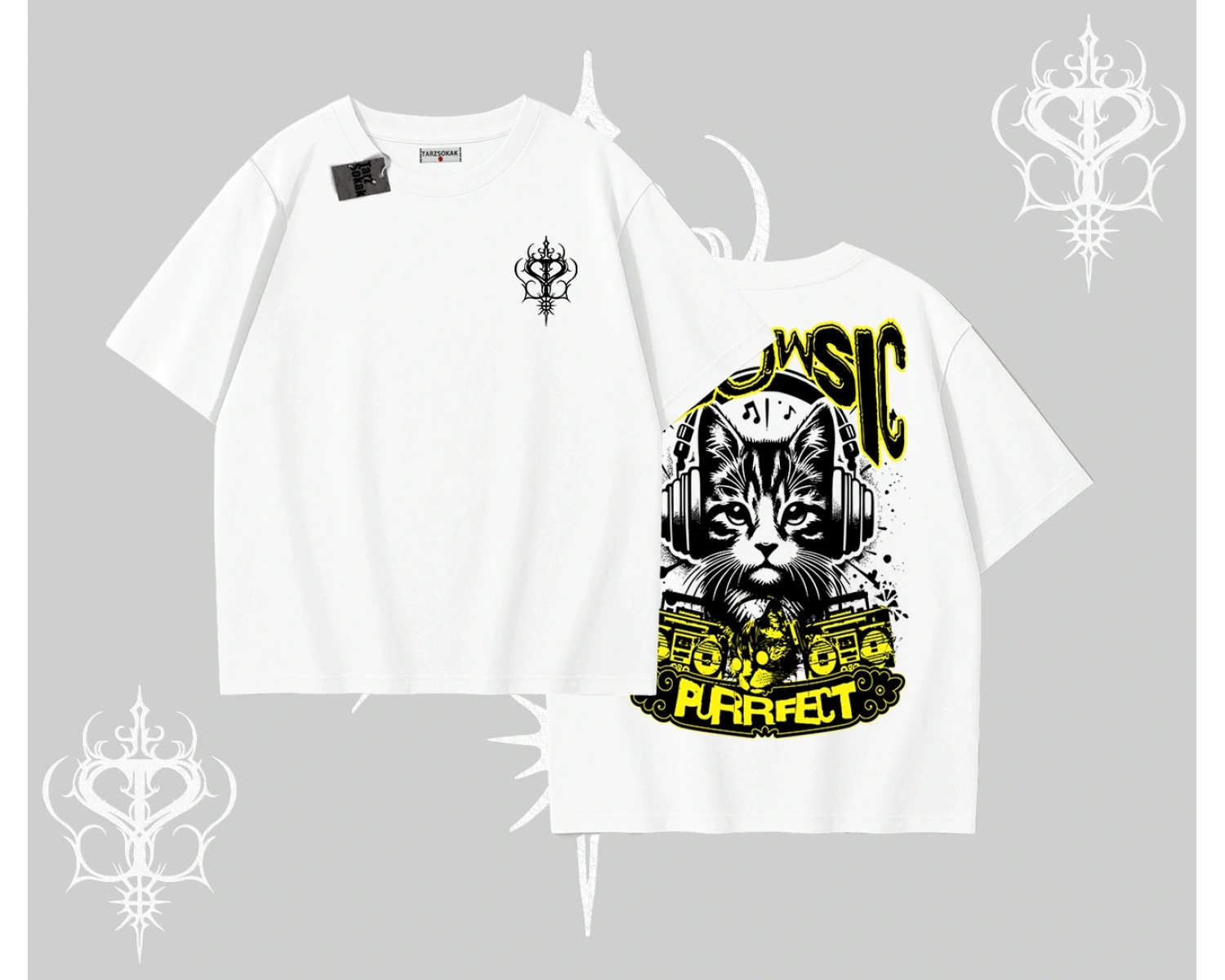 Meowsic Purrfect Kedi Arka Baskılı Oversize Tshirt