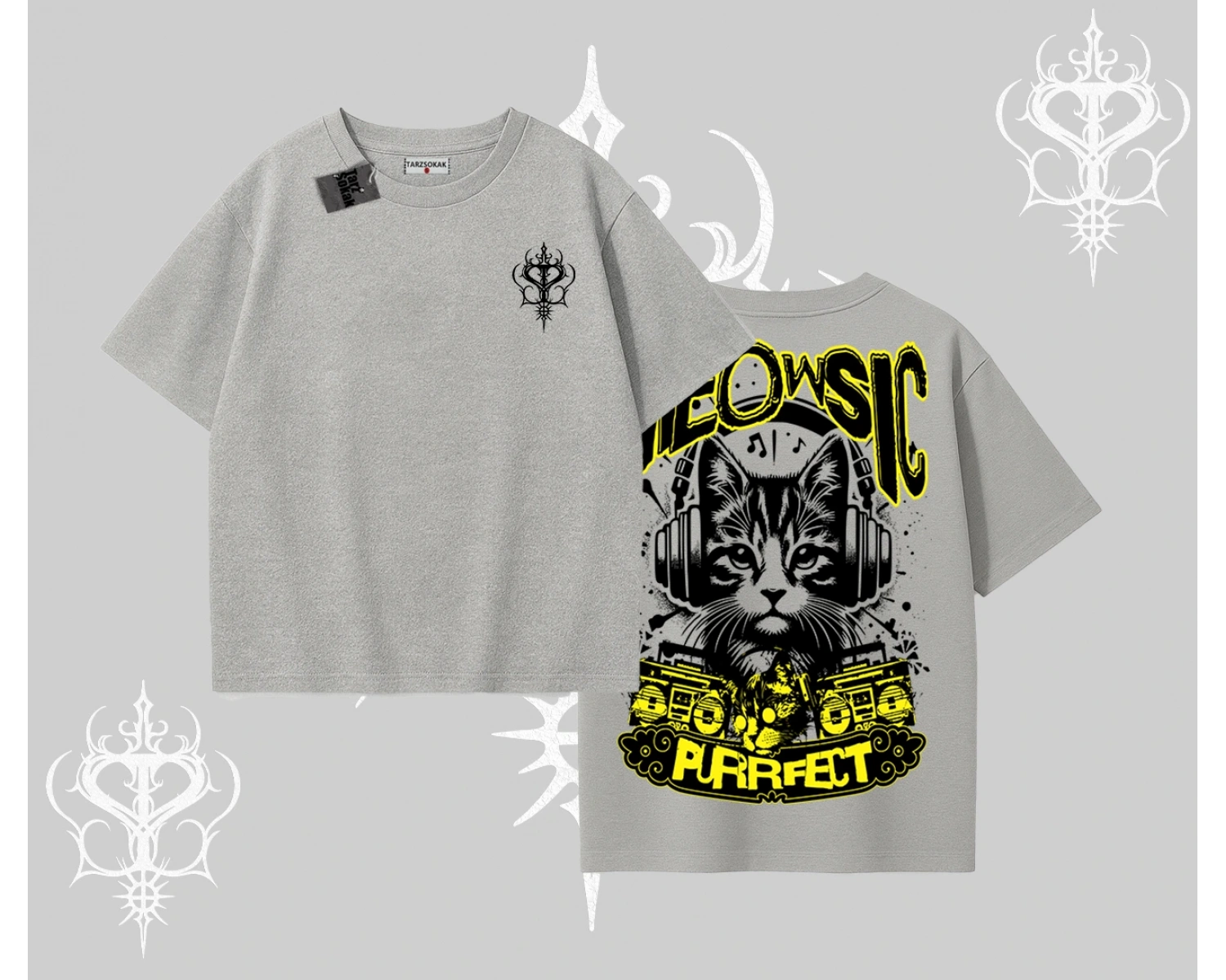 Meowsic Purrfect Kedi Arka Baskılı Oversize Tshirt