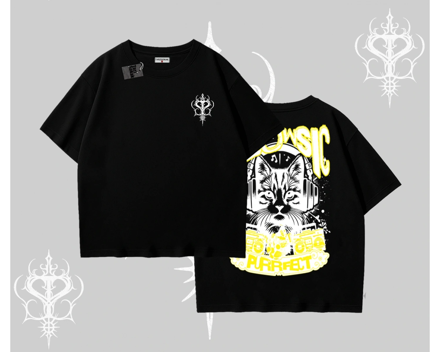 Meowsic Purrfect Kedi Arka Baskılı Oversize Tshirt