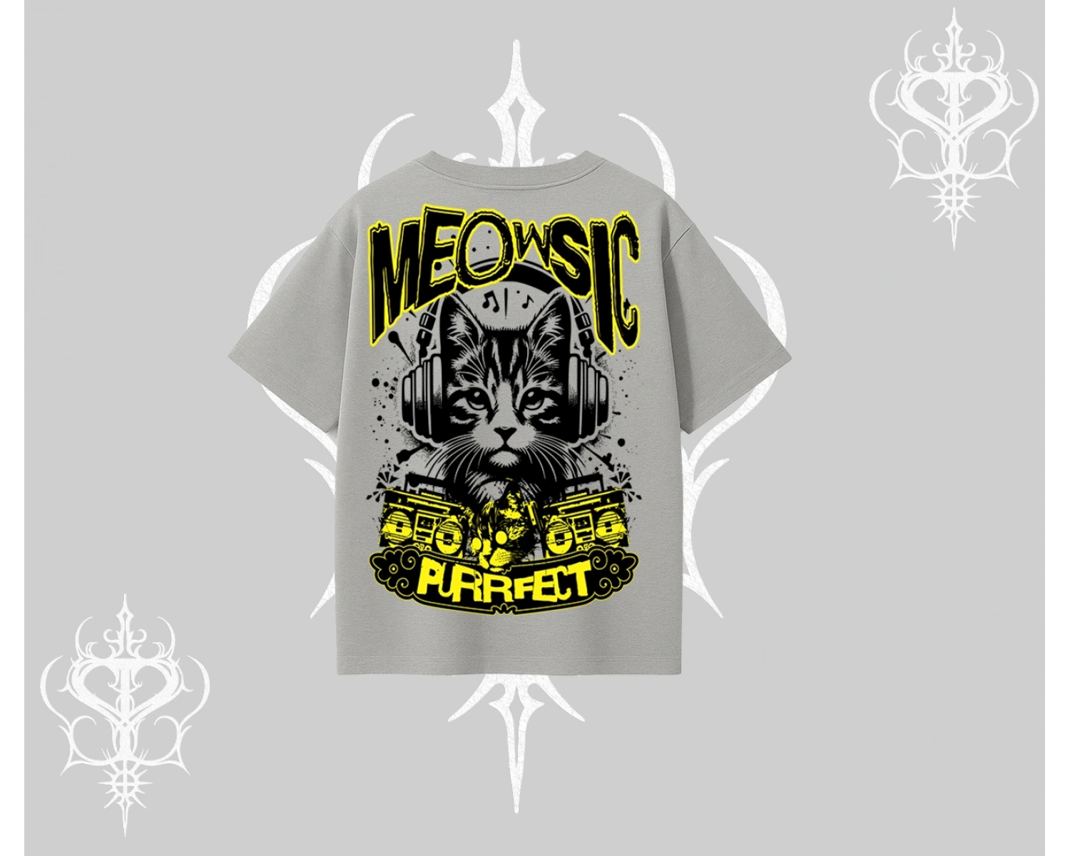 Meowsic Purrfect Kedi Arka Baskılı Oversize Tshirt