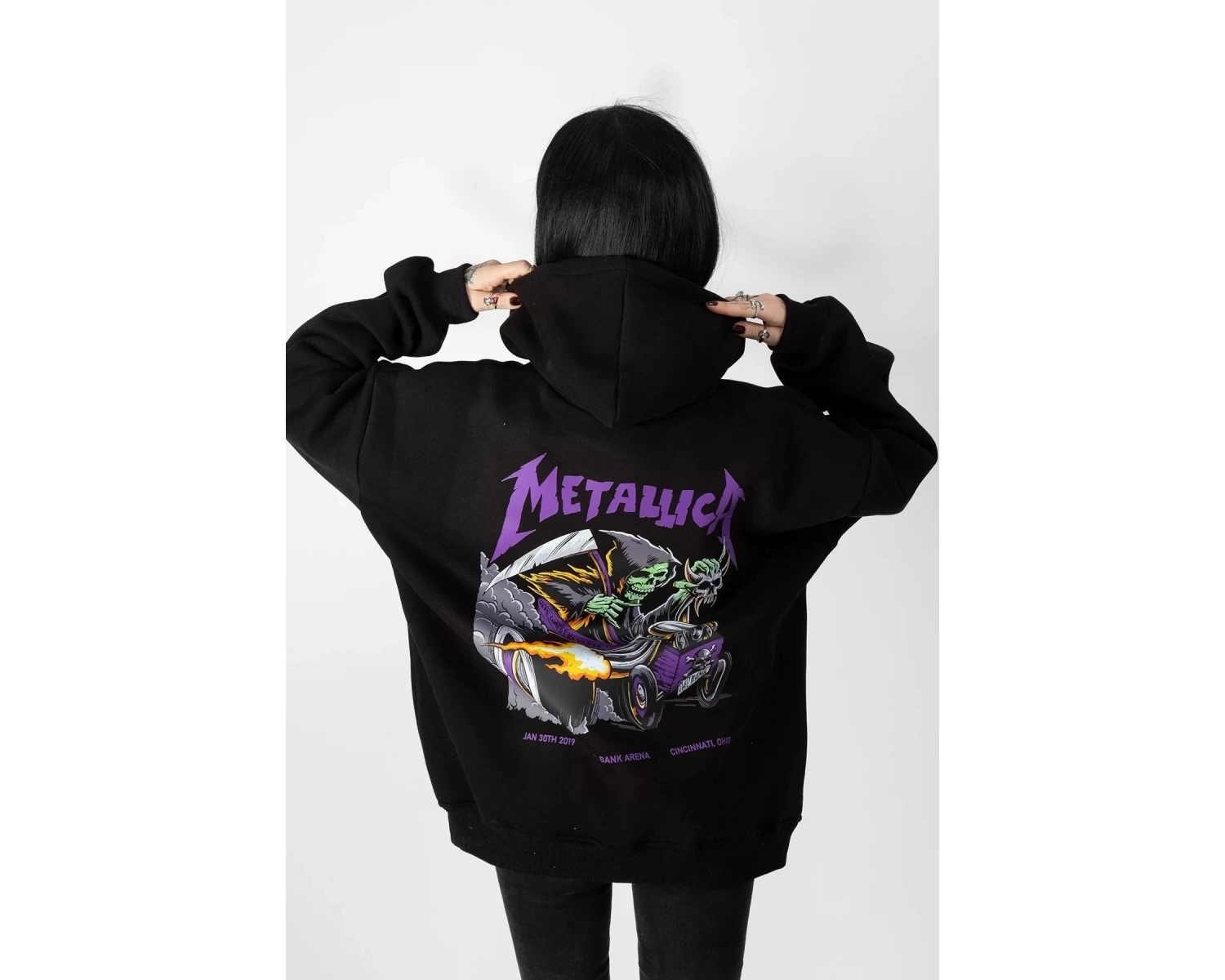 Metallica Mor Sırt Baskılı Beyaz Oversize Kapüşonlu