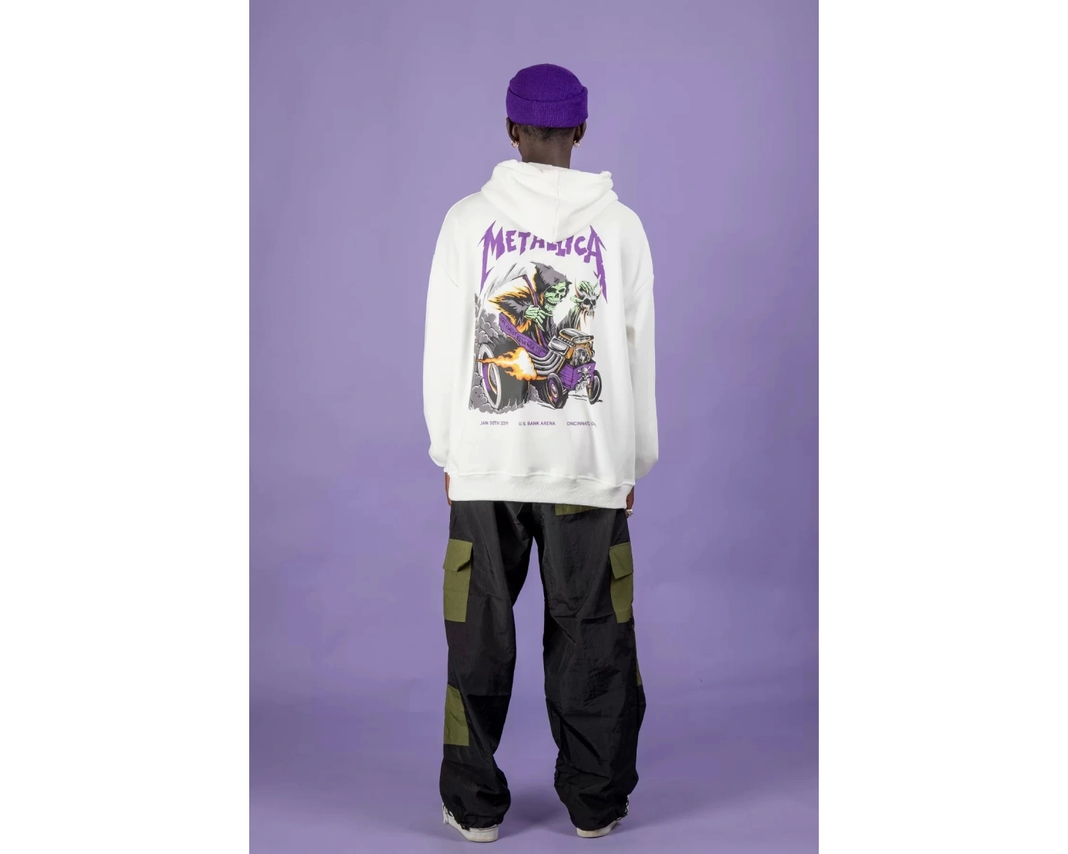 Metallica Mor Sırt Baskılı Beyaz Oversize Kapüşonlu