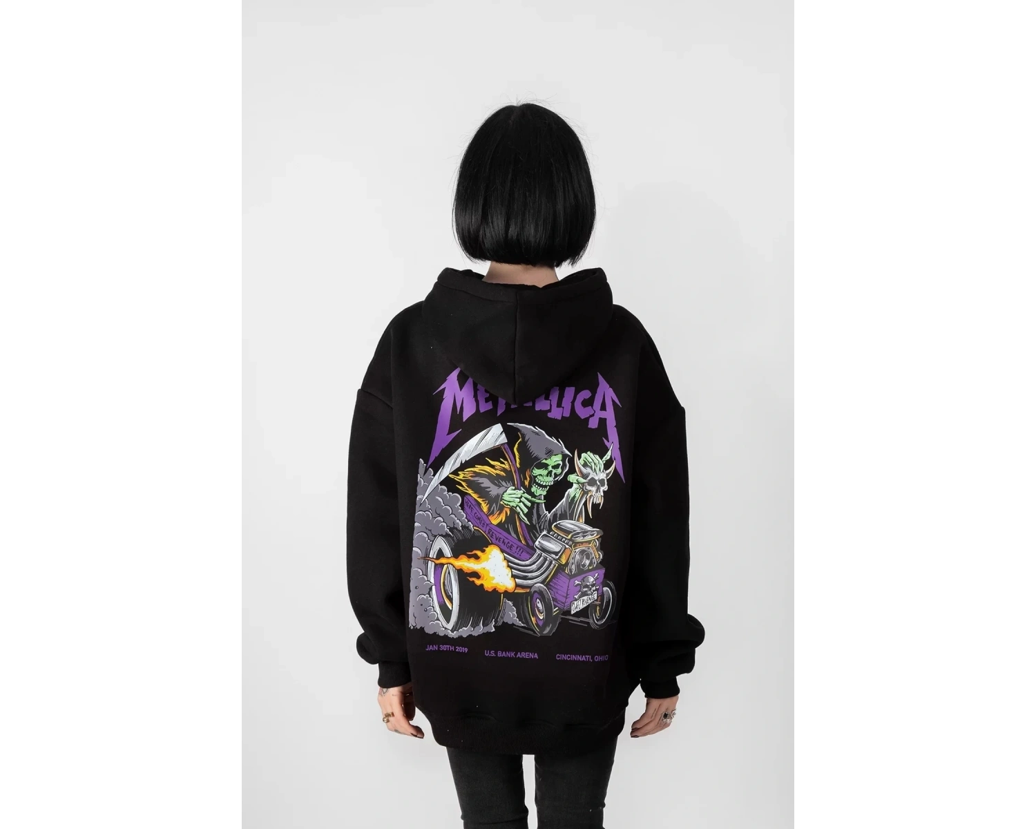 Metallica Mor Sırt Baskılı Beyaz Oversize Kapüşonlu