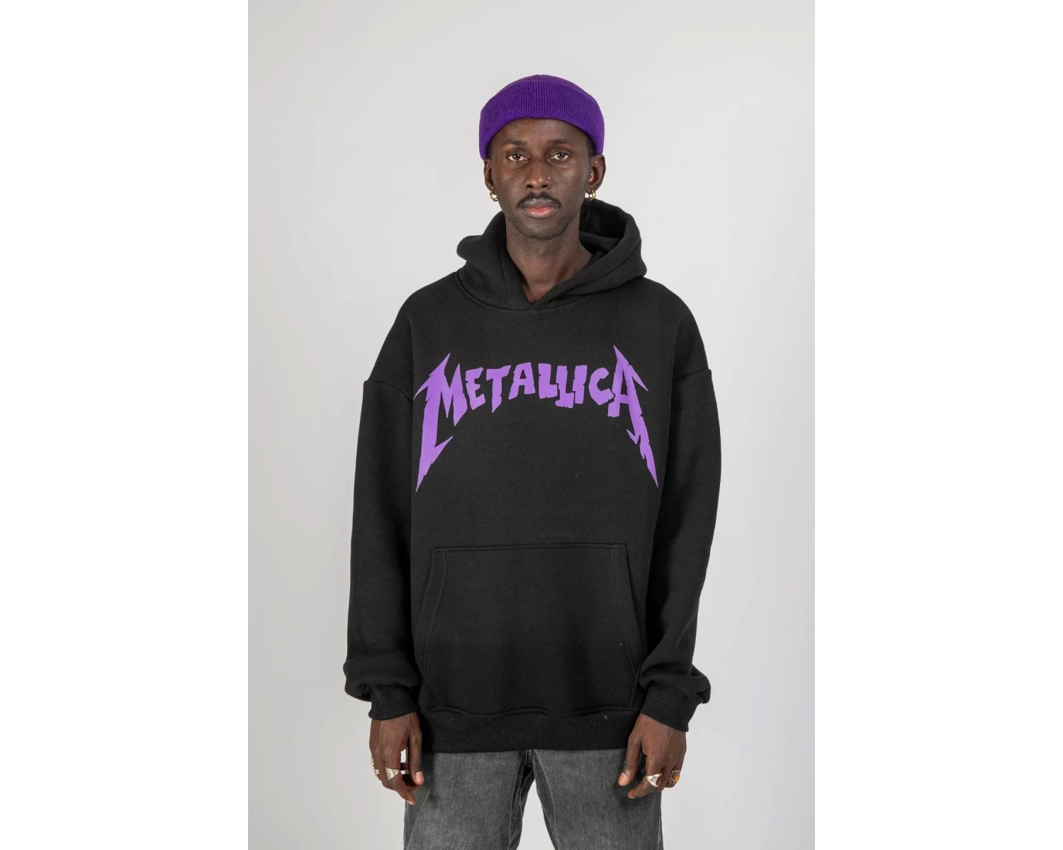 Metallica Mor Sırt Baskılı Beyaz Oversize Kapüşonlu