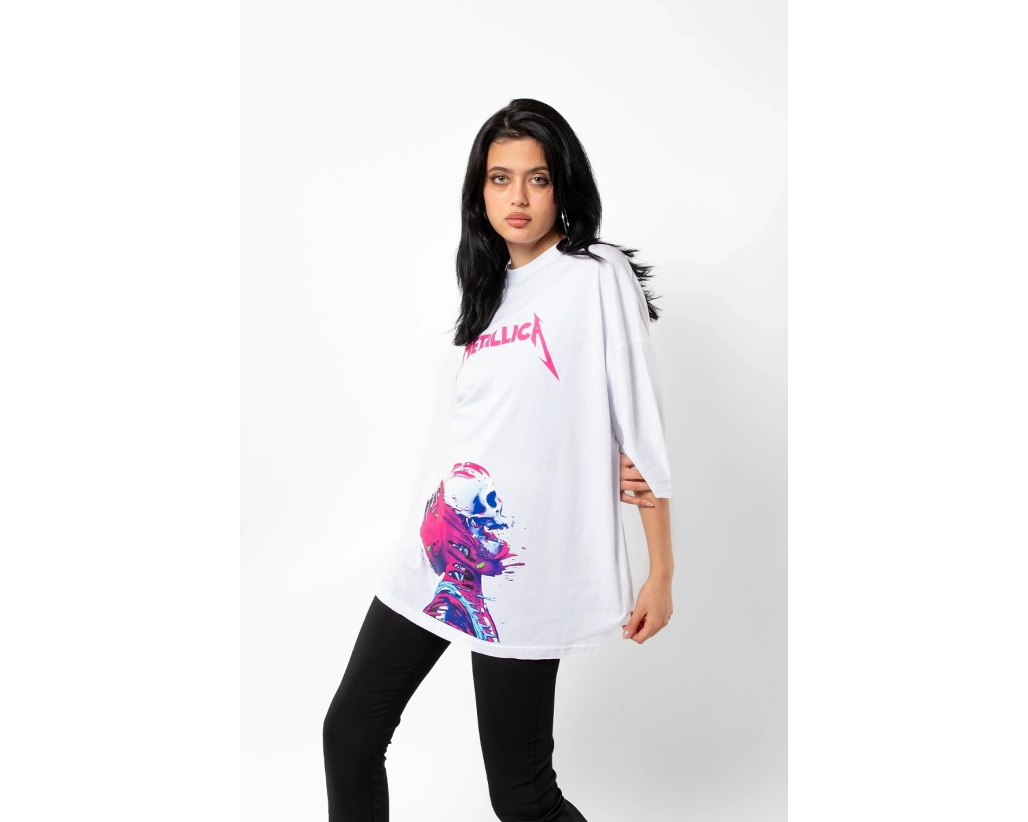 Metallica Neon Pembe Baskılı Beyaz Unisex Oversize