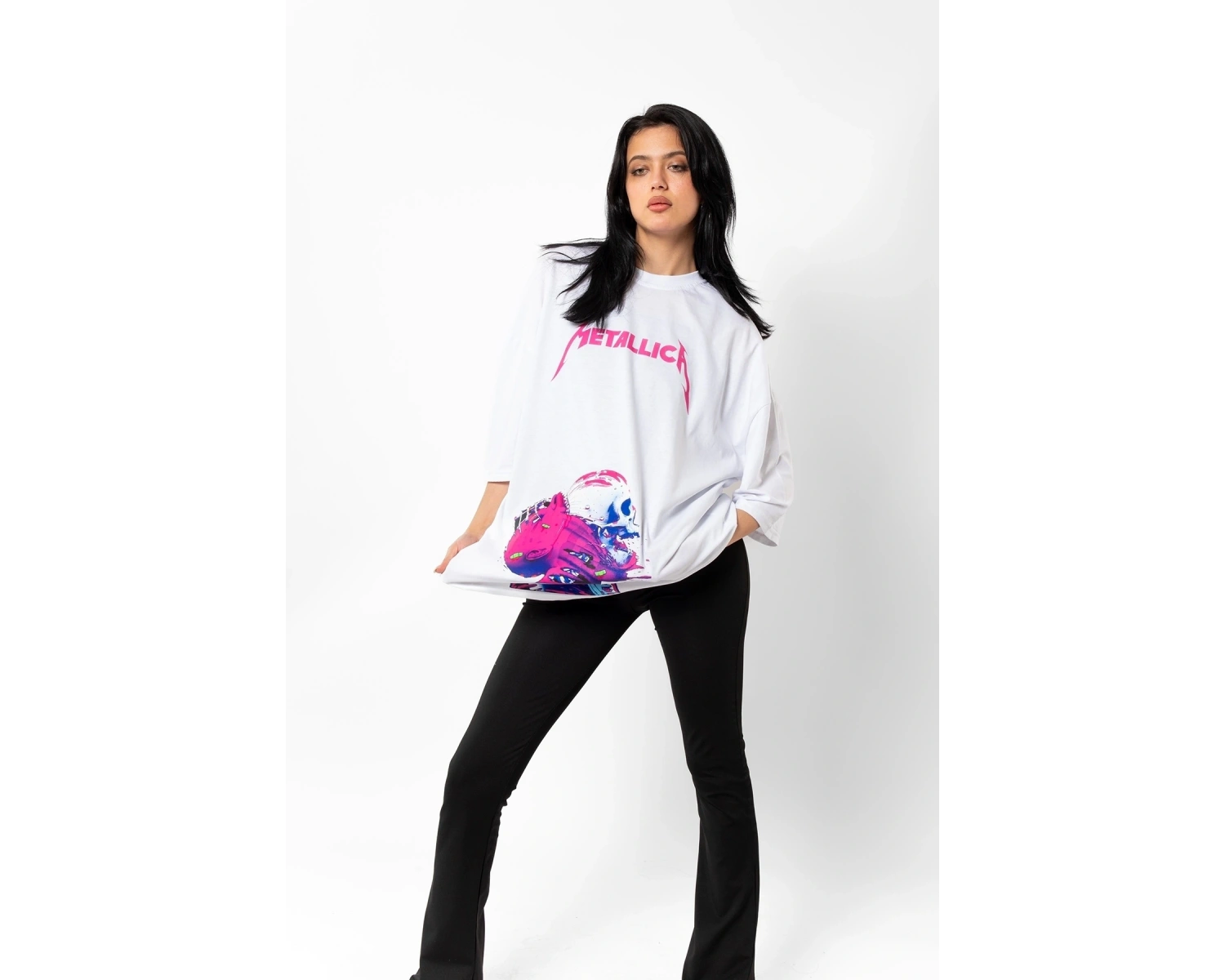 Metallica Neon Pembe Baskılı Beyaz Unisex Oversize