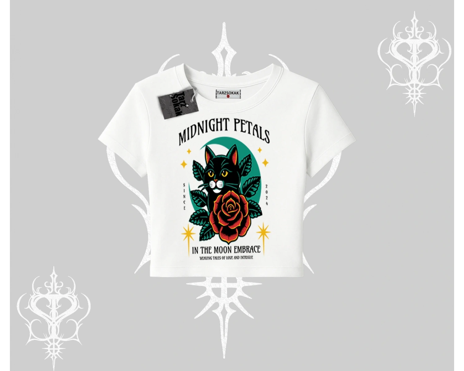 Midnight Petals Kedi Baskılı Babby Tee Tshirt