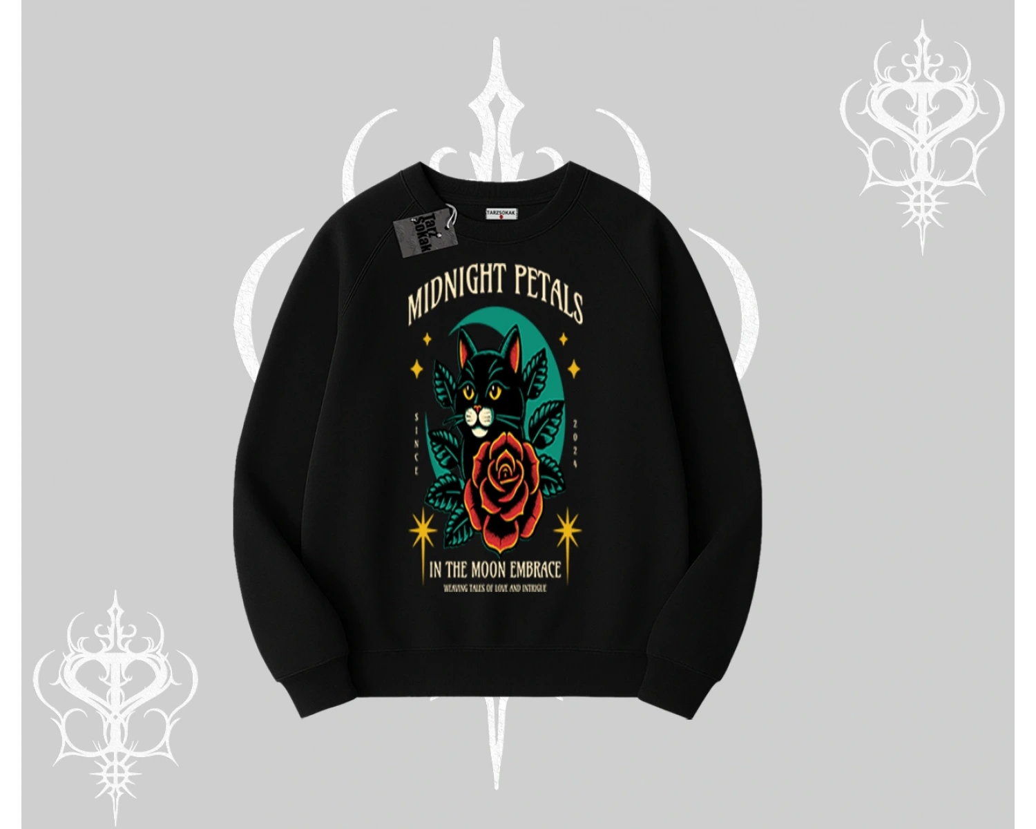 Midnight Petals Kedi Baskılı Biskilet Sweatshirt