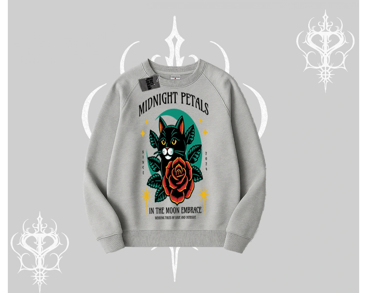 Midnight Petals Kedi Baskılı Biskilet Sweatshirt