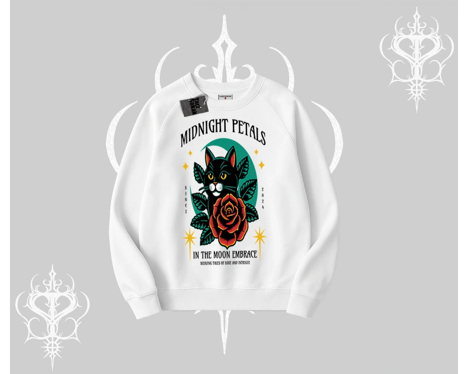 Midnight Petals Kedi Baskılı Biskilet Sweatshirt