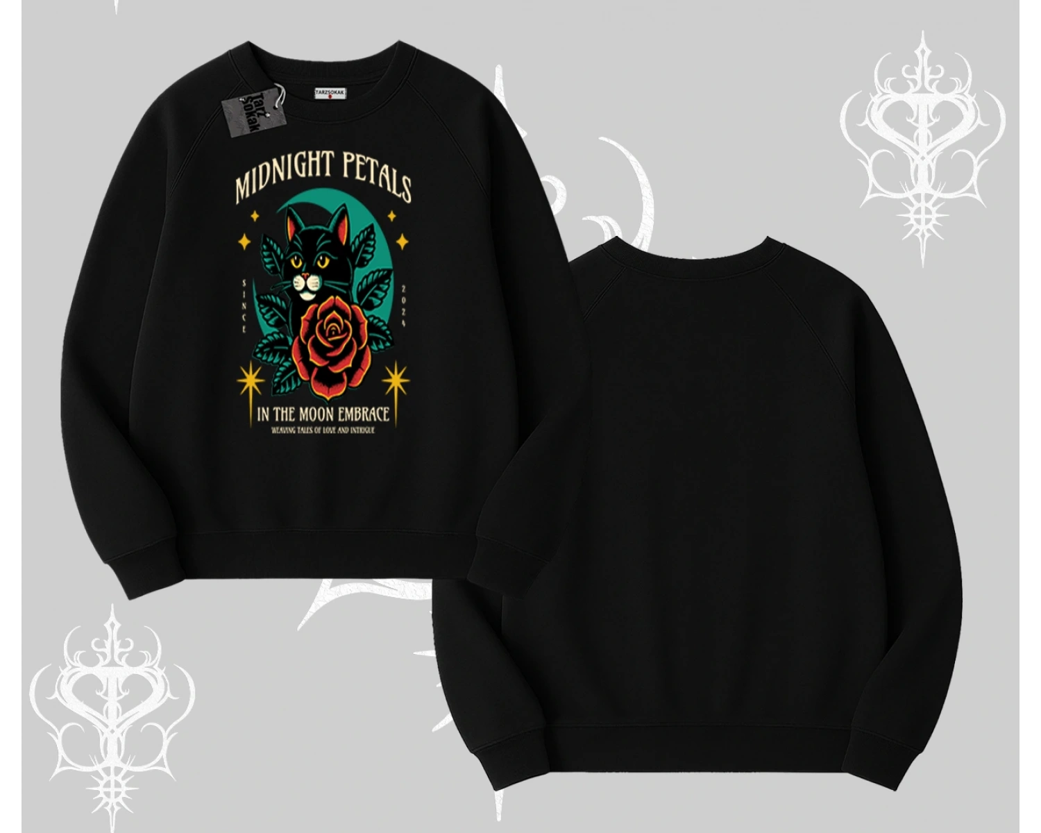 Midnight Petals Kedi Baskılı Biskilet Sweatshirt
