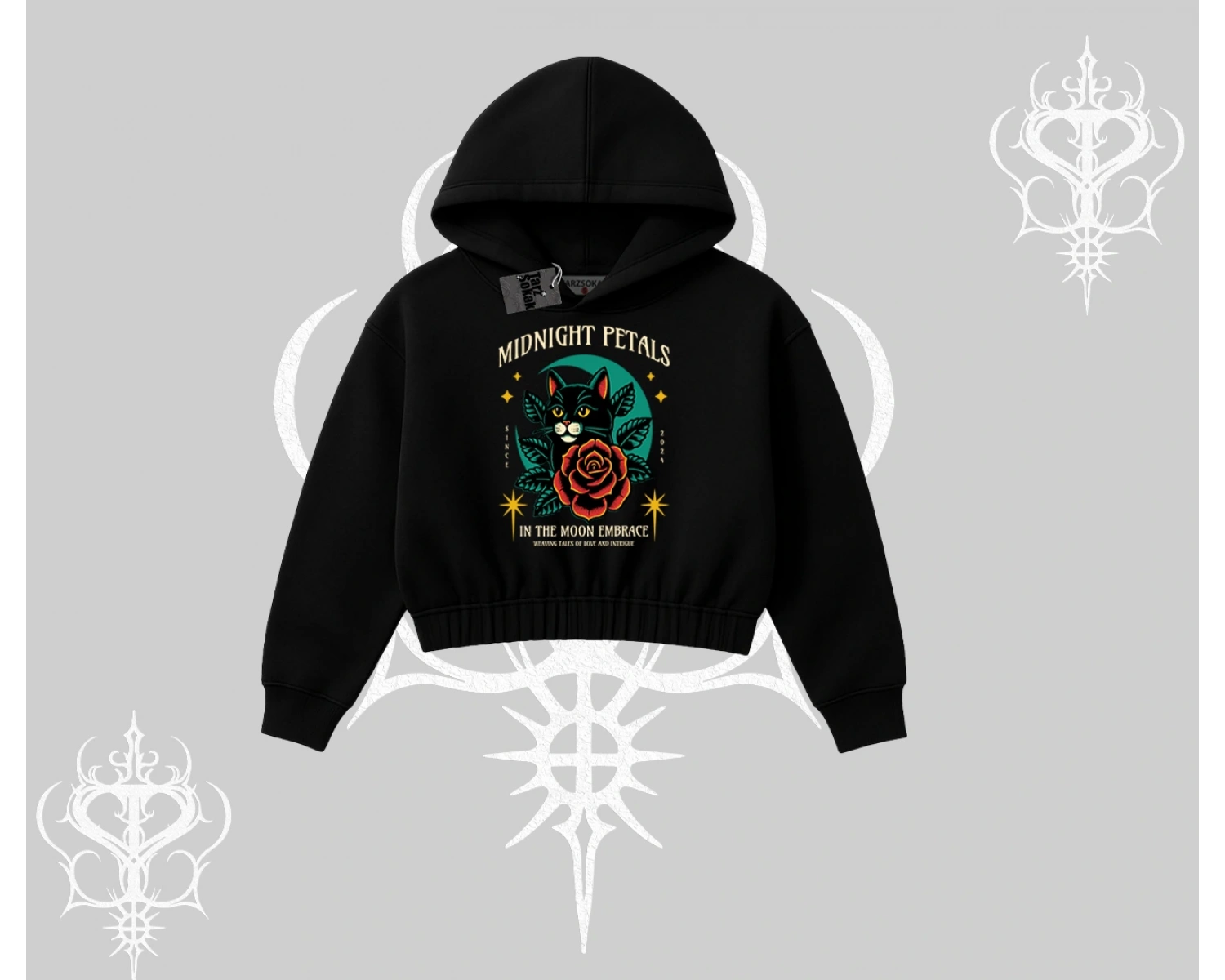 Midnight Petals Kedi Baskılı Kapşonlu Crop Sweatshirt