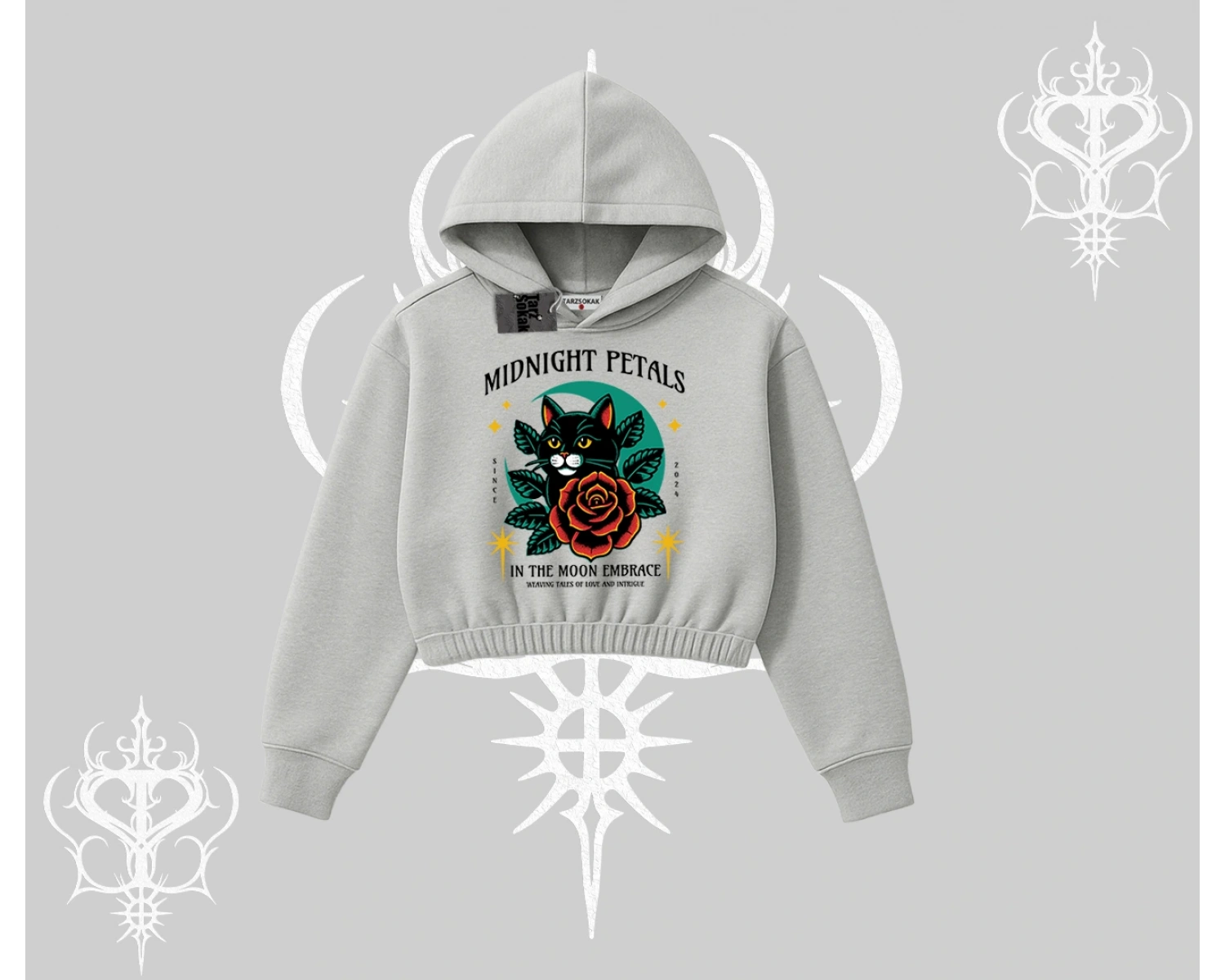 Midnight Petals Kedi Baskılı Kapşonlu Crop Sweatshirt