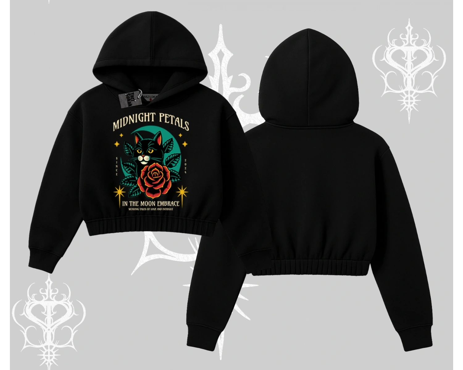 Midnight Petals Kedi Baskılı Kapşonlu Crop Sweatshirt