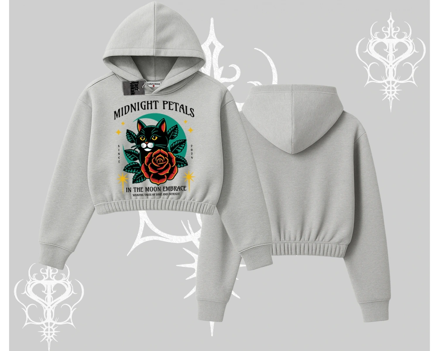 Midnight Petals Kedi Baskılı Kapşonlu Crop Sweatshirt
