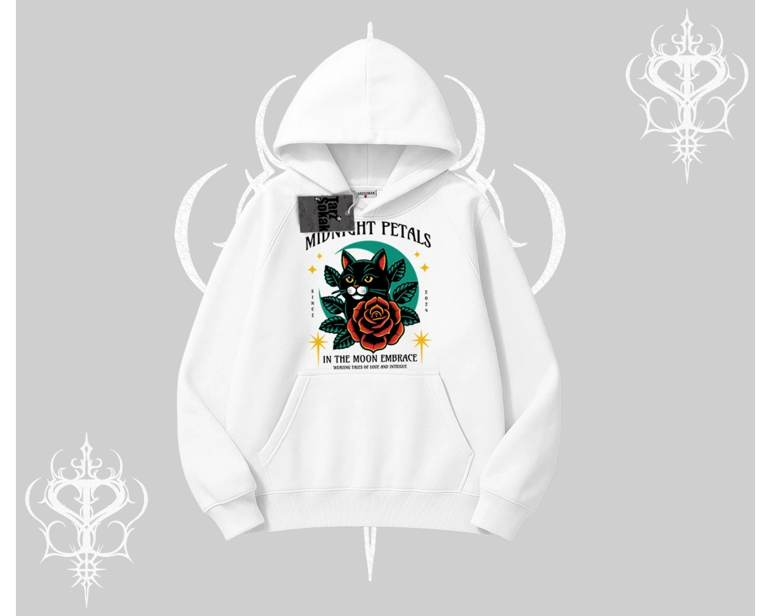 Midnight Petals Kedi Baskılı Kapşonlu Sweatshirt