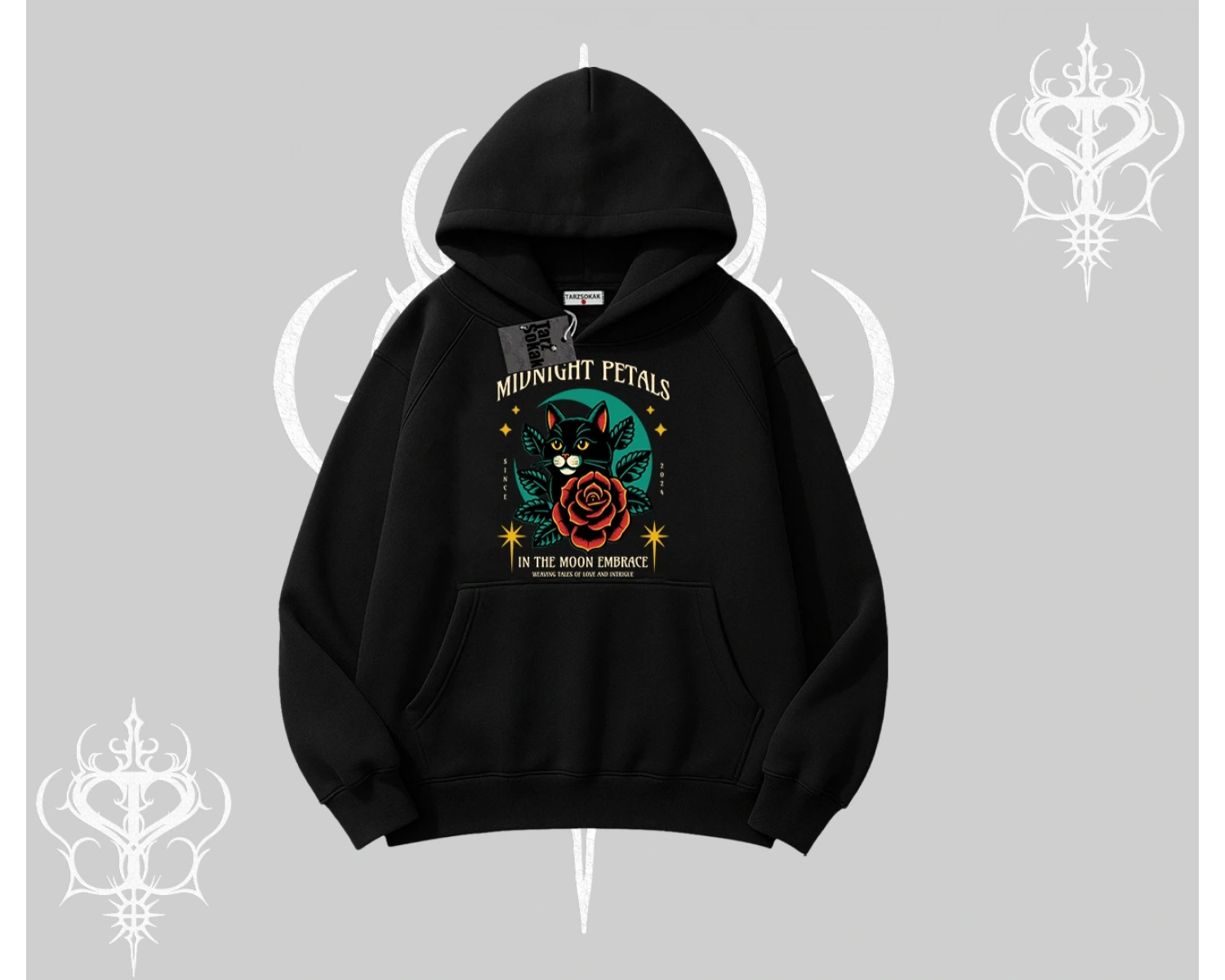 Midnight Petals Kedi Baskılı Kapşonlu Sweatshirt