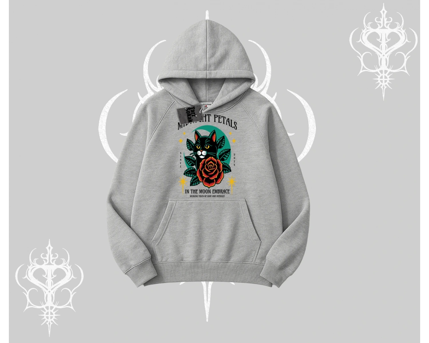 Midnight Petals Kedi Baskılı Kapşonlu Sweatshirt