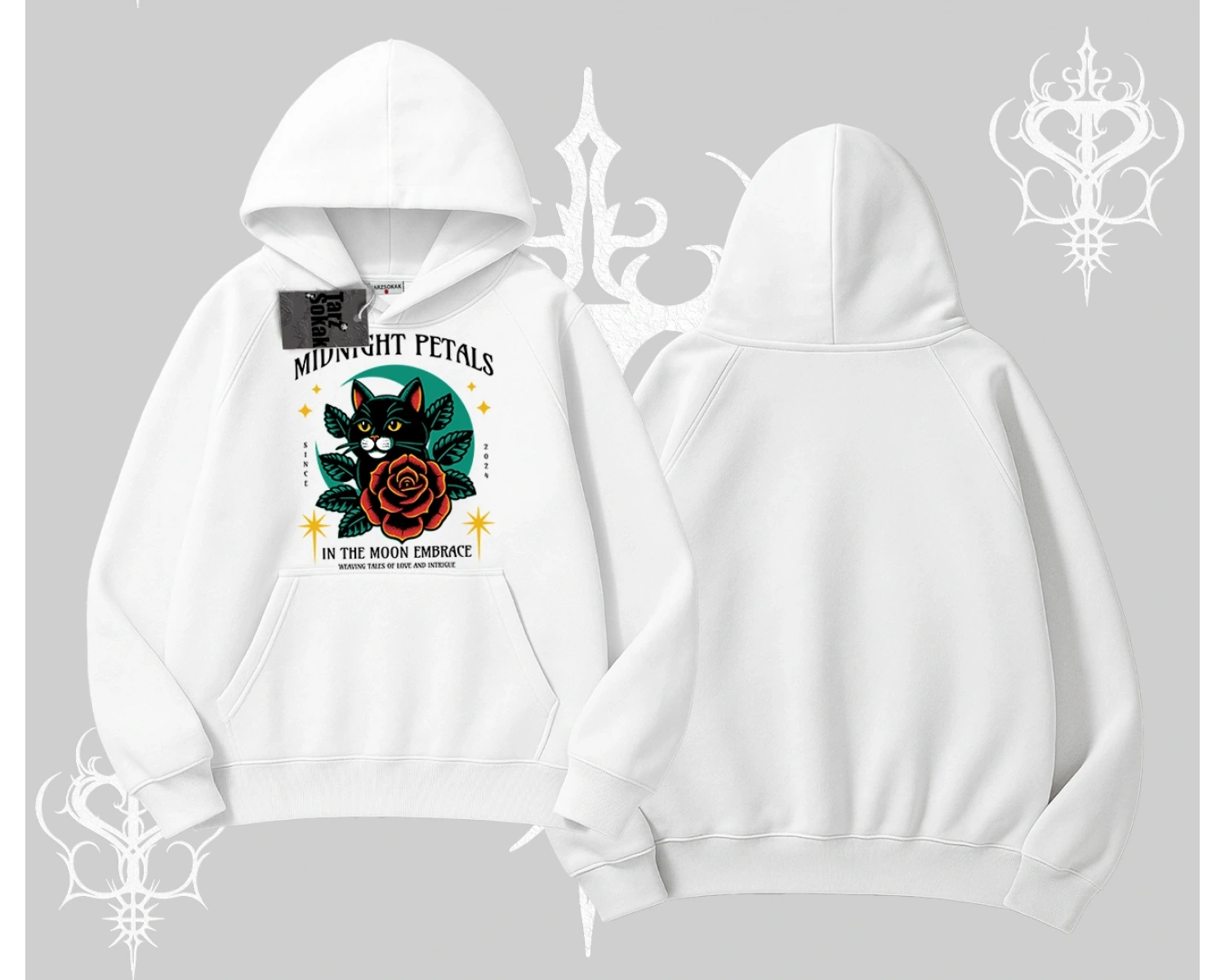 Midnight Petals Kedi Baskılı Kapşonlu Sweatshirt