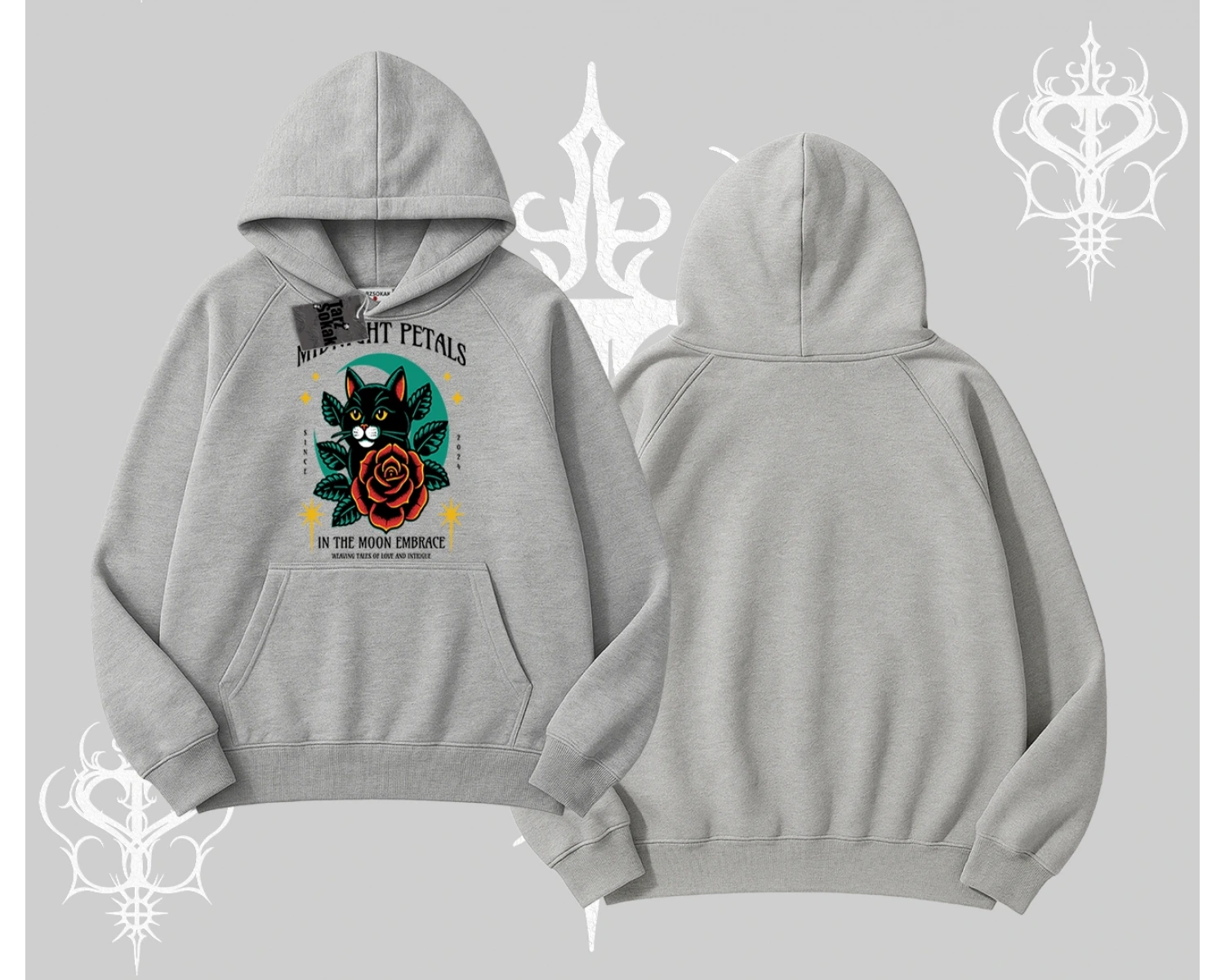 Midnight Petals Kedi Baskılı Kapşonlu Sweatshirt