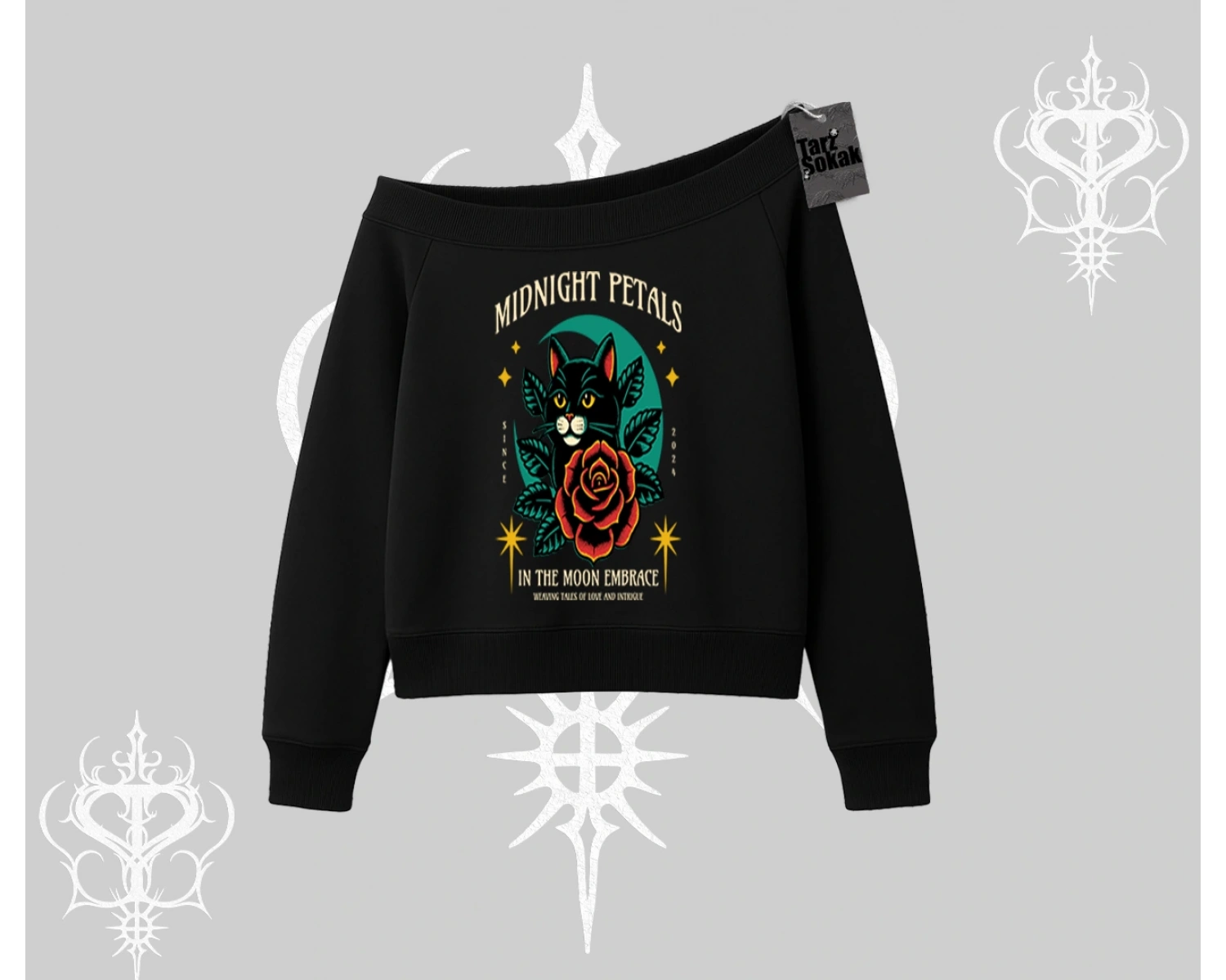 Midnight Petals Kedi Baskılı Kayık Yaka Sweatshirt