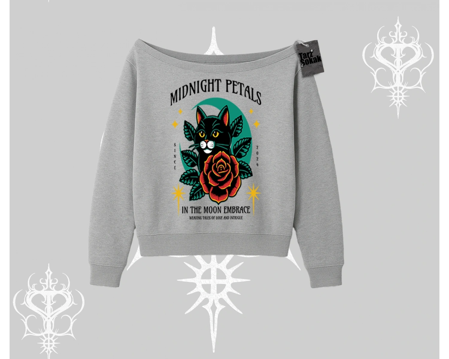 Midnight Petals Kedi Baskılı Kayık Yaka Sweatshirt