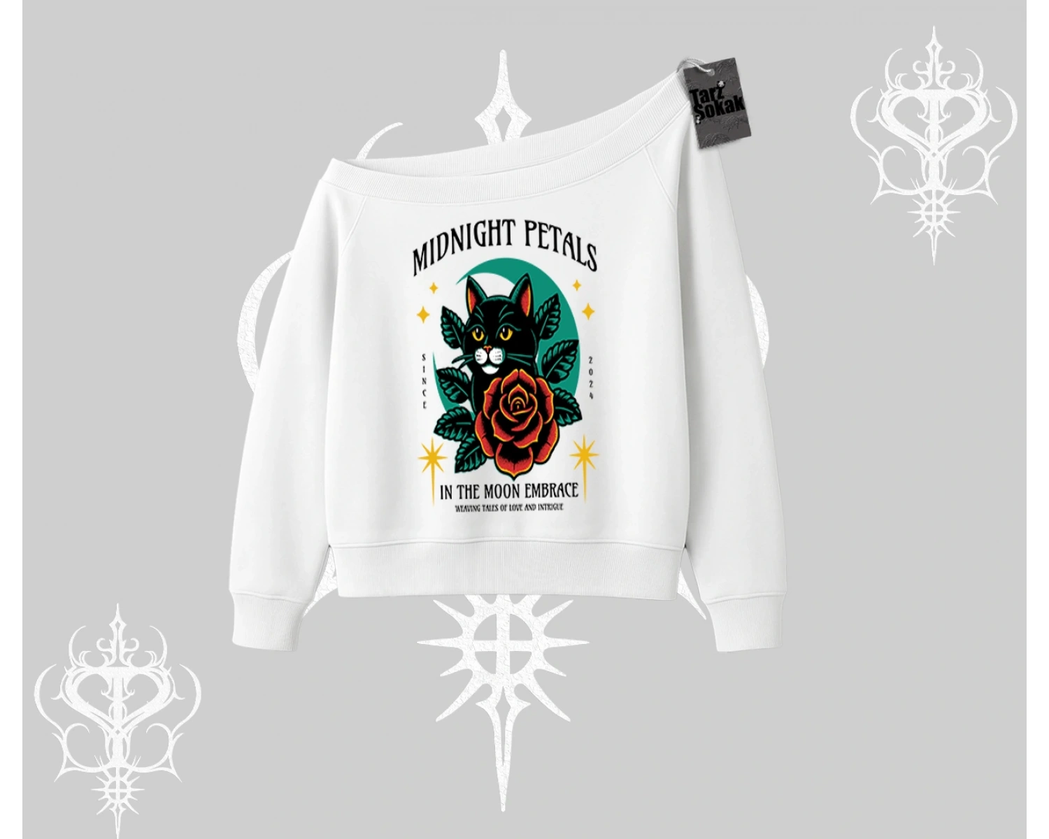 Midnight Petals Kedi Baskılı Kayık Yaka Sweatshirt