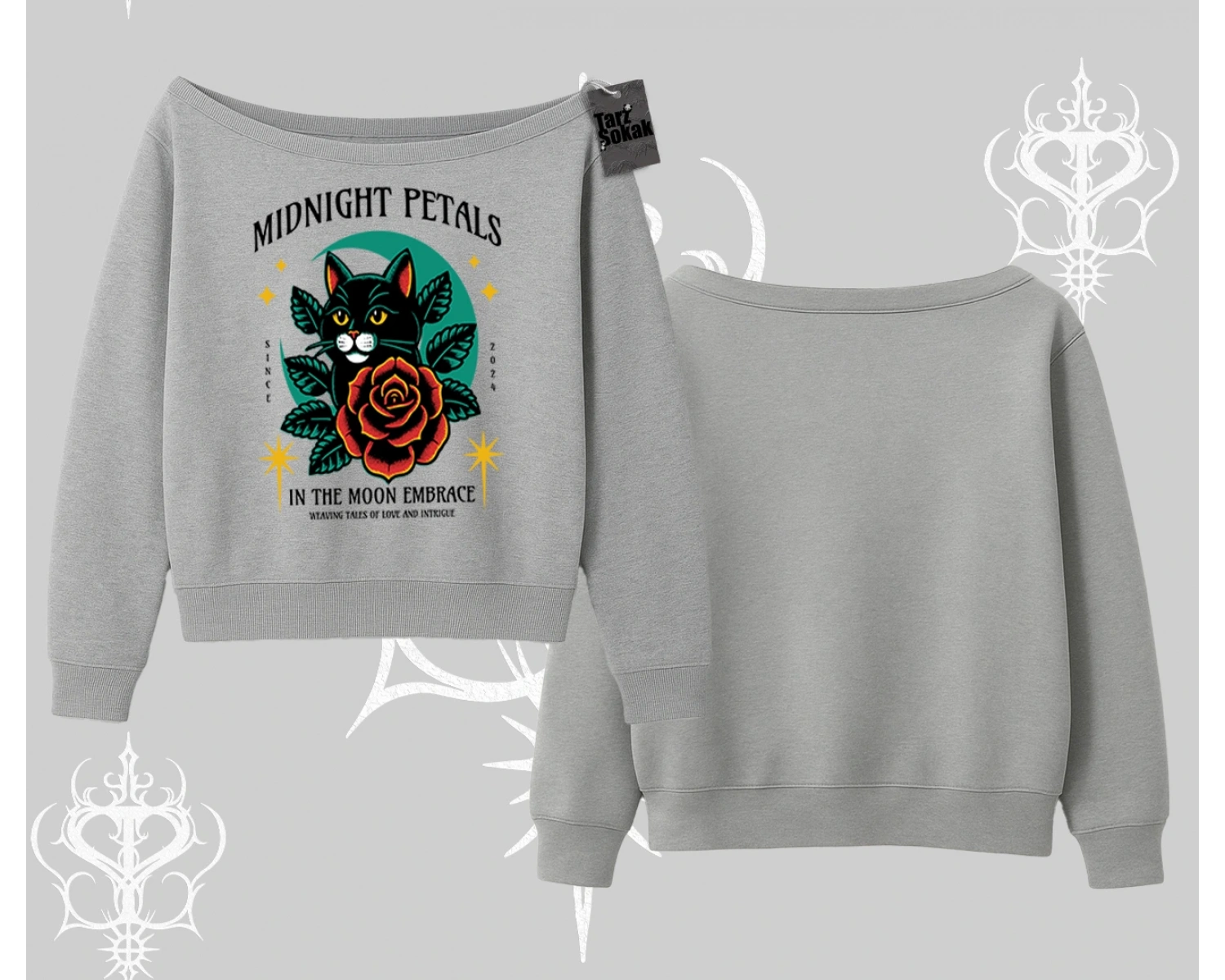 Midnight Petals Kedi Baskılı Kayık Yaka Sweatshirt