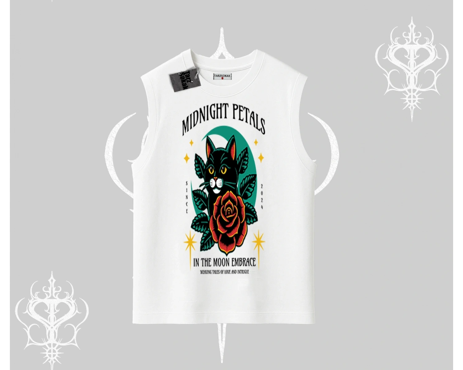 Midnight Petals Kedi Baskılı Kolsuz Tshirt