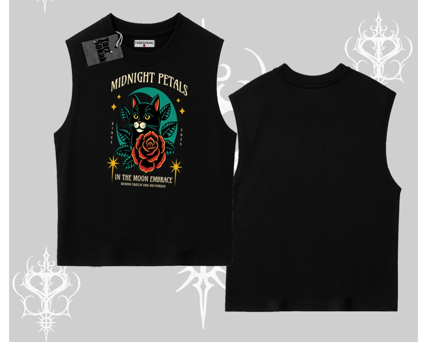 Midnight Petals Kedi Baskılı Kolsuz Tshirt