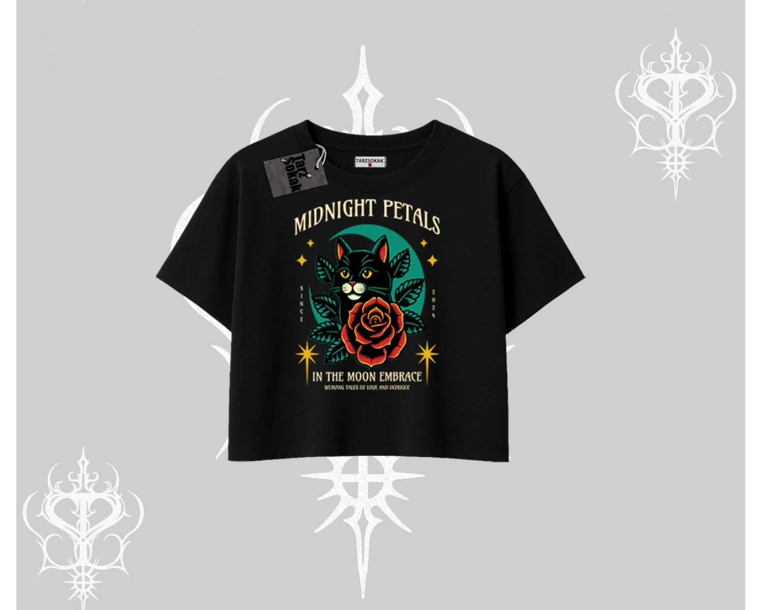 Midnight Petals Kedi Baskılı Oversize Crop Tshirt
