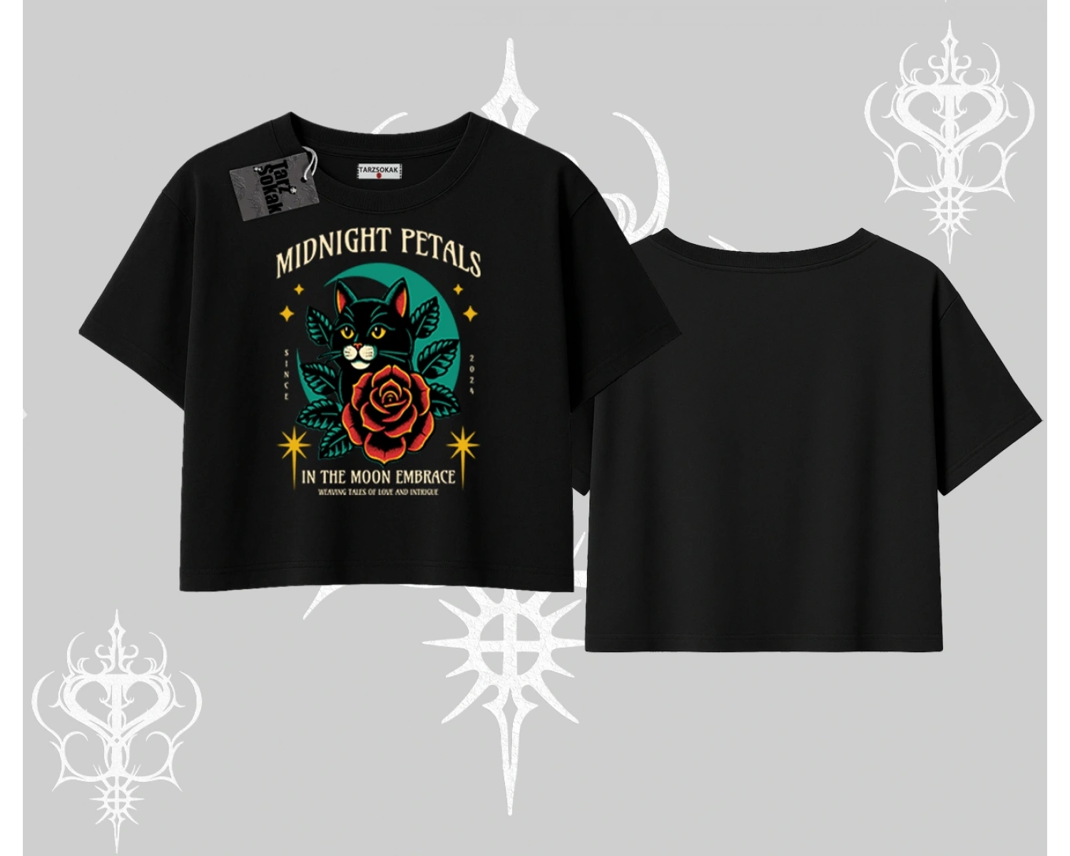 Midnight Petals Kedi Baskılı Oversize Crop Tshirt