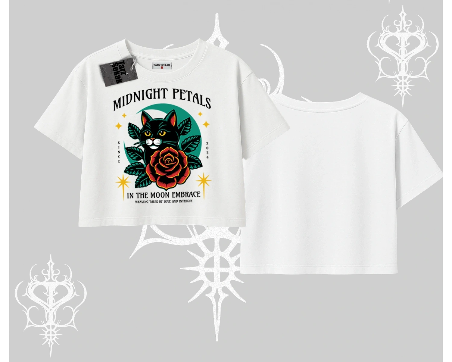 Midnight Petals Kedi Baskılı Oversize Crop Tshirt