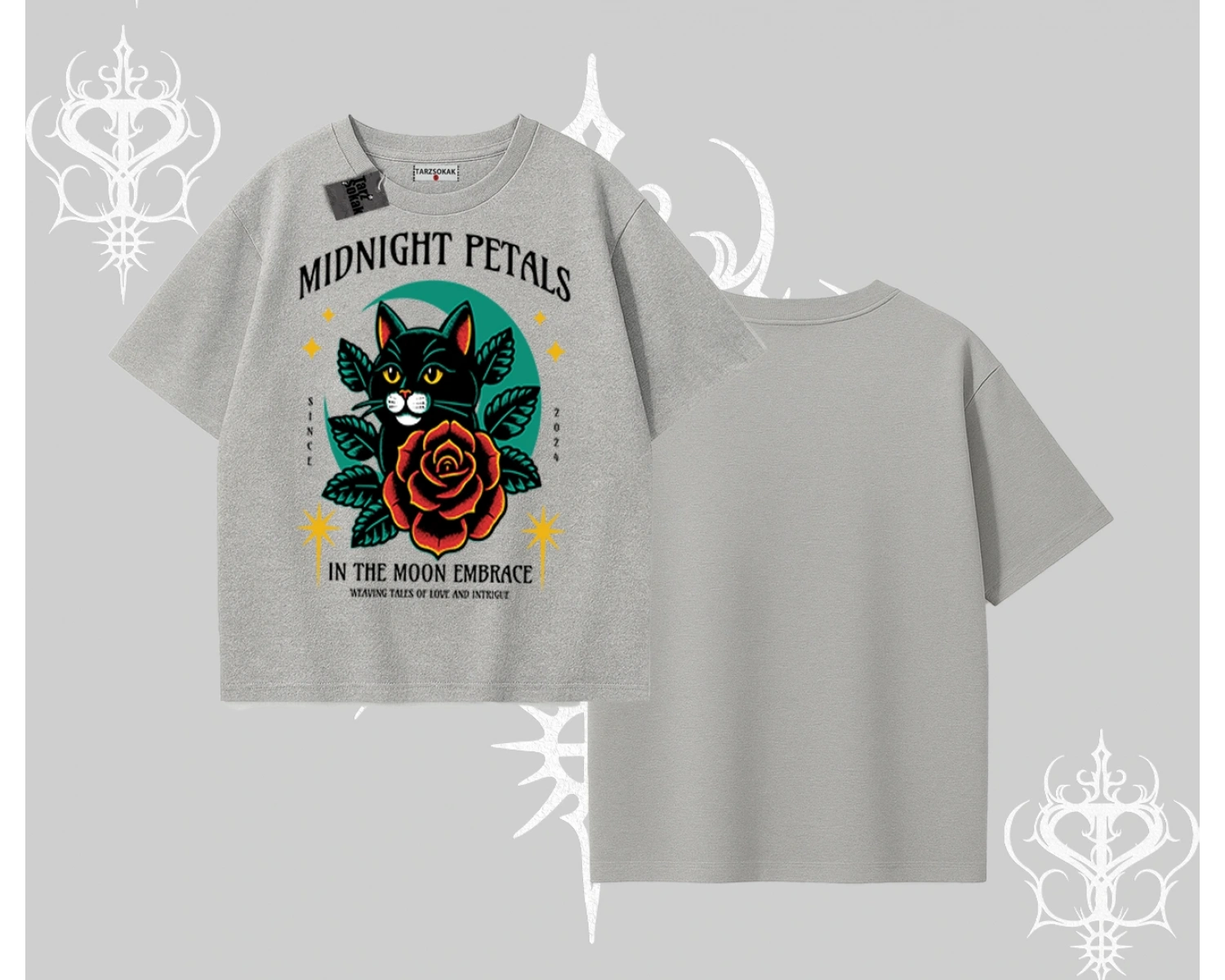 Midnight Petals Kedi Baskılı Oversize Tshirt