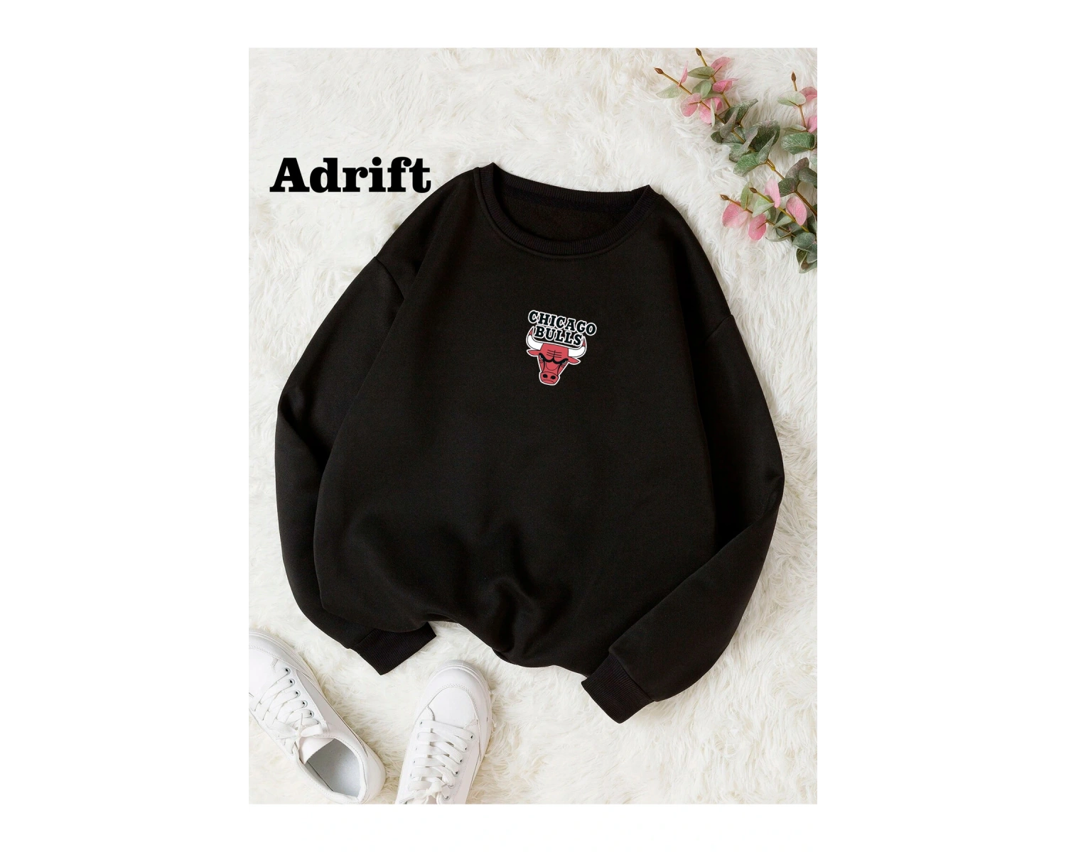 Minimal Bulls Renkli Oversize Bisiklet Yaka Pamuklu Sweatshirt Siyah