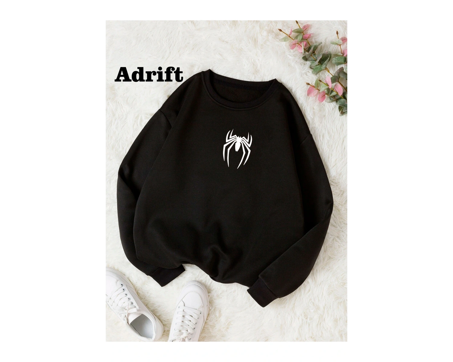 Minimal Örümcek Renkli Oversize Bisiklet Yaka Pamuklu Sweatshirt Siyah