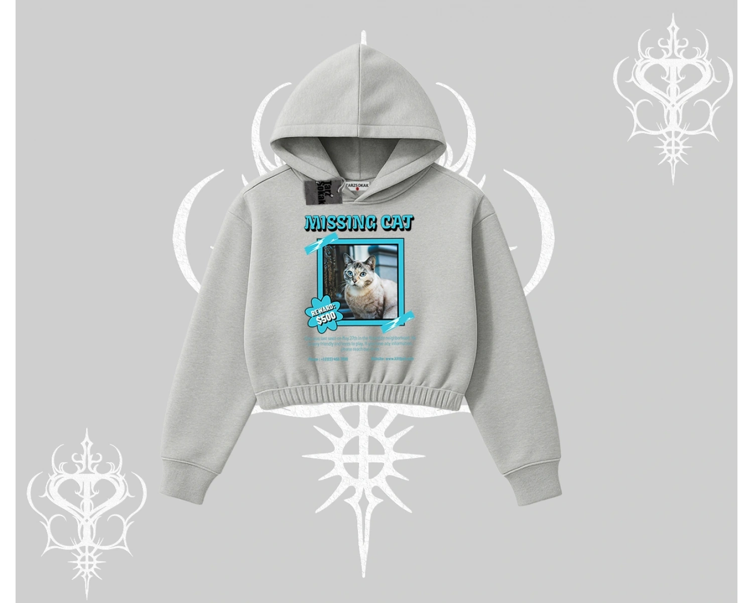 Missing Cat Baskılı Kapşonlu Crop Sweatshirt