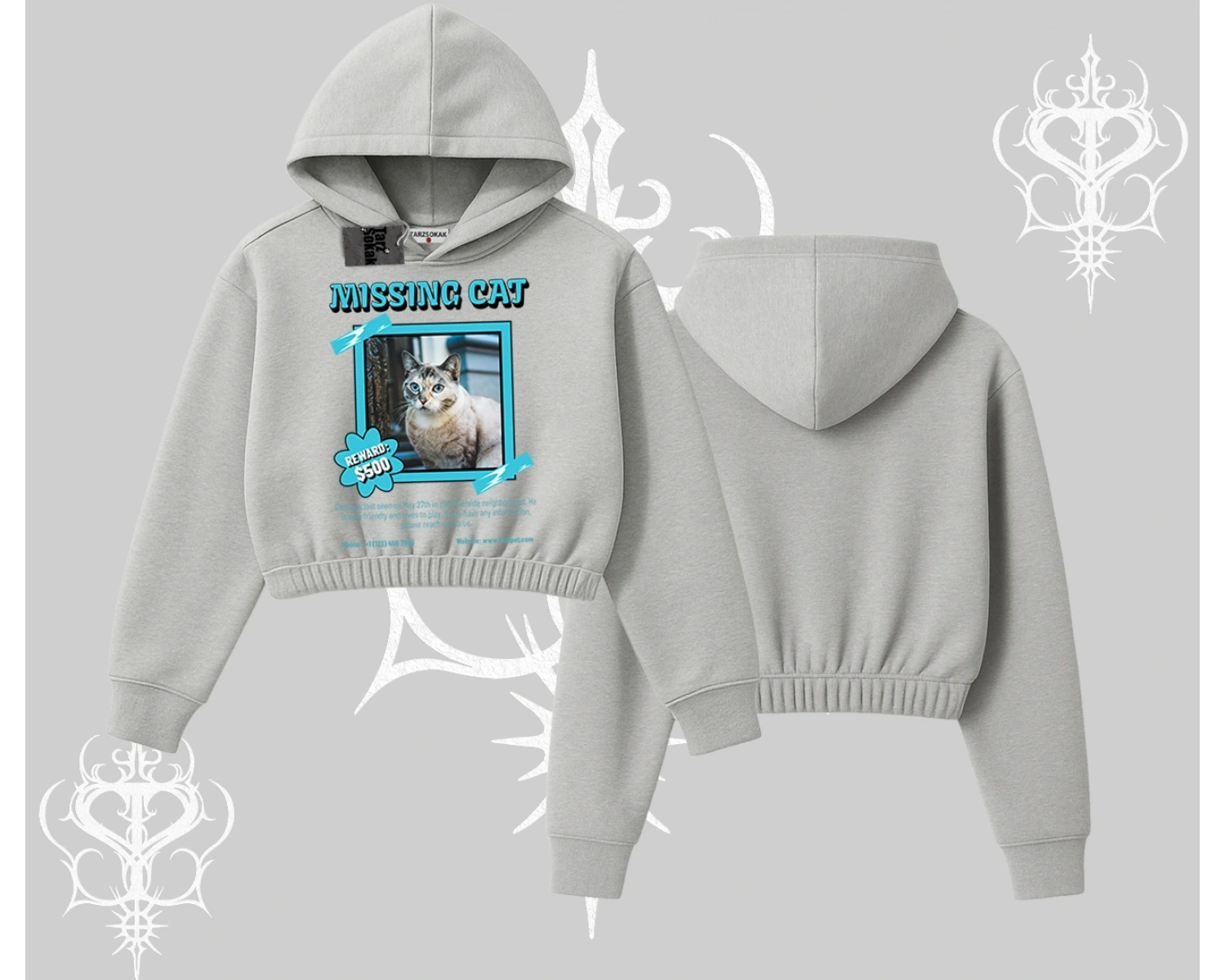 Missing Cat Baskılı Kapşonlu Crop Sweatshirt