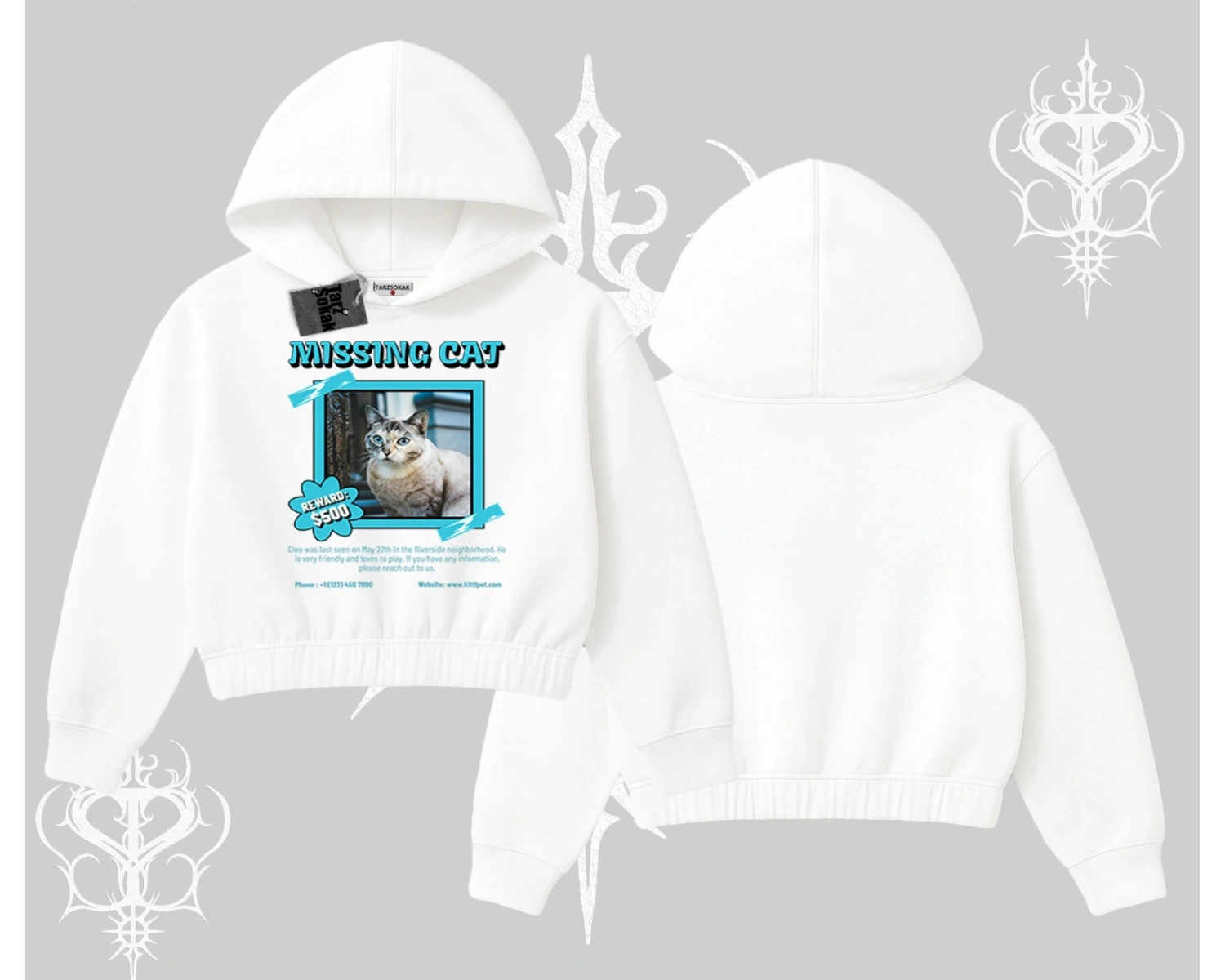 Missing Cat Baskılı Kapşonlu Crop Sweatshirt