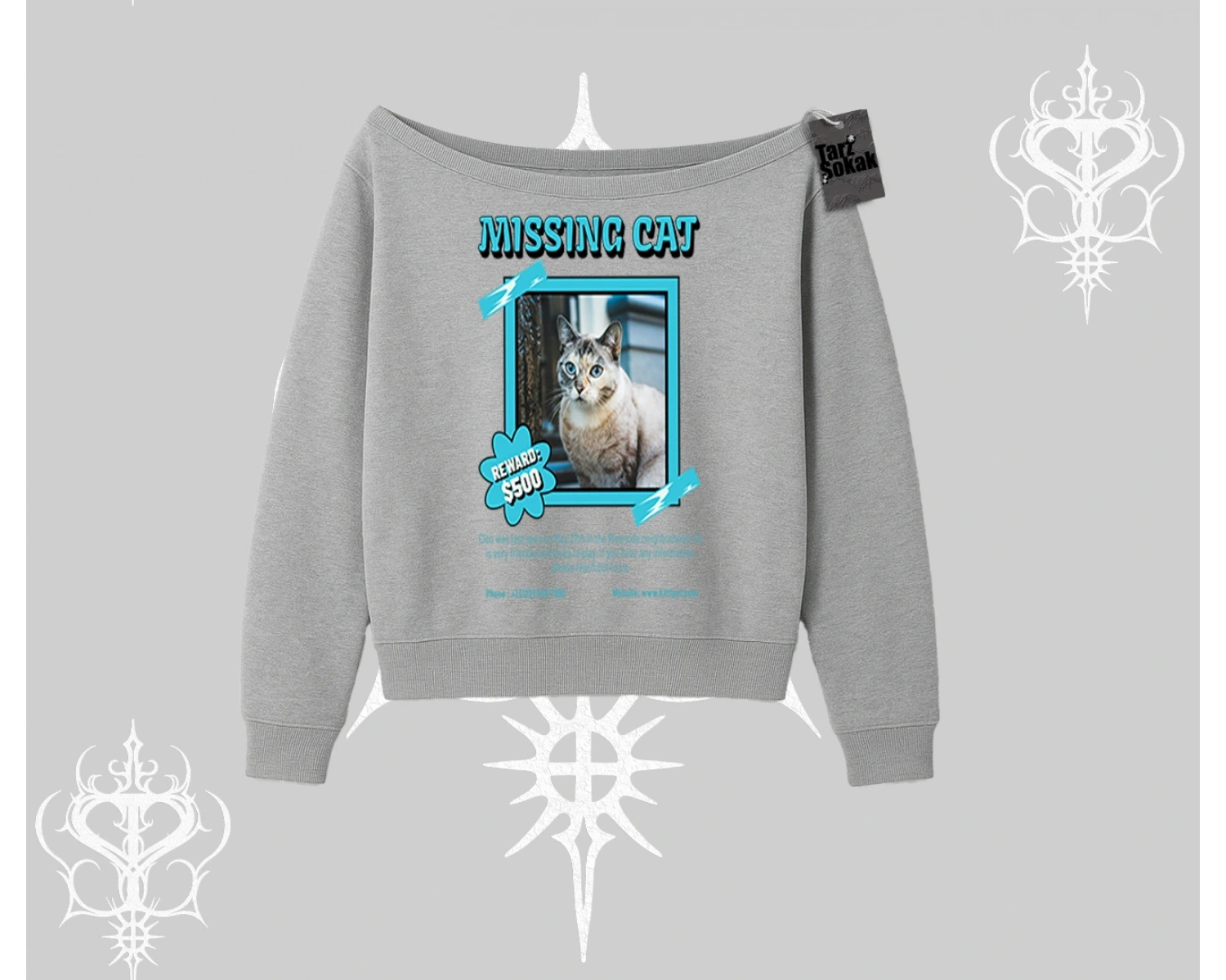 Missing Cat Baskılı Kayık Yaka Sweatshirt