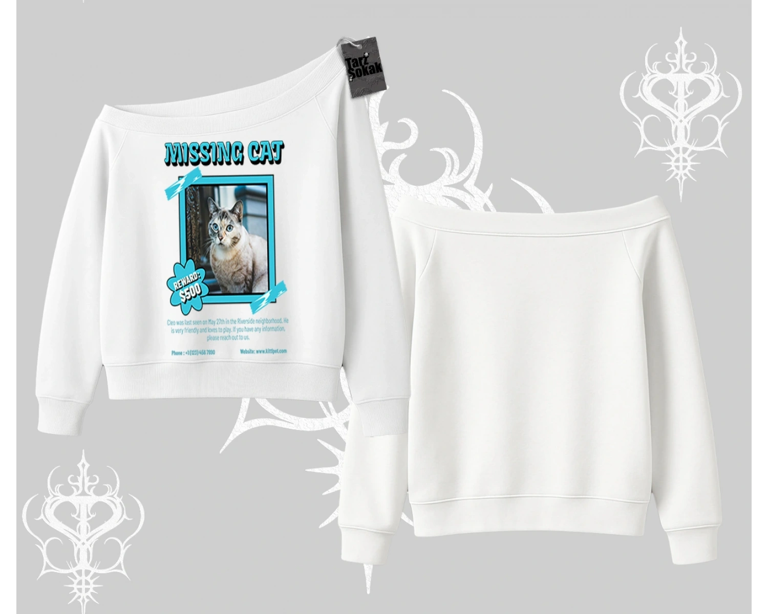 Missing Cat Baskılı Kayık Yaka Sweatshirt