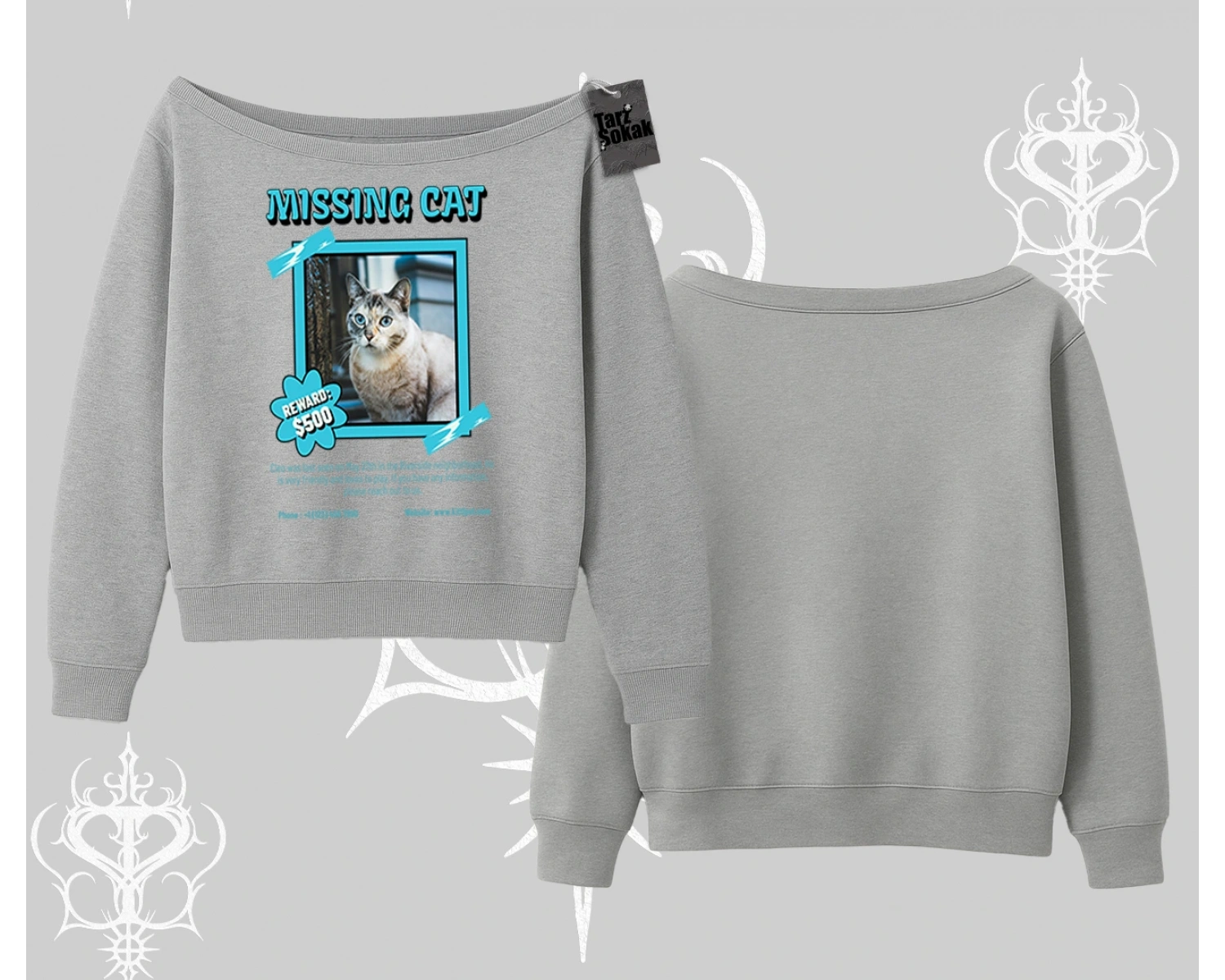 Missing Cat Baskılı Kayık Yaka Sweatshirt